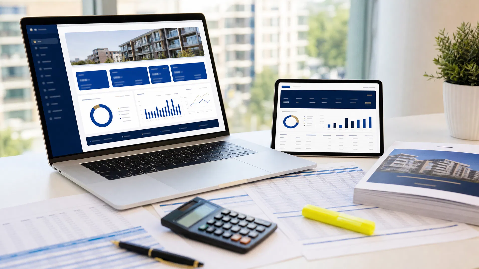 Laptop showing a real estate underwriting dashboard with financial documents