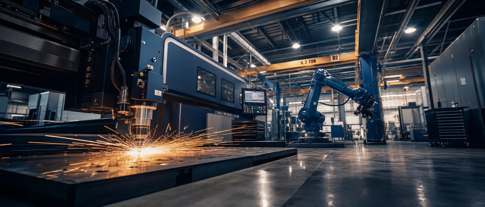 Modern American manufacturing facility with CNC machines and precision metalwork