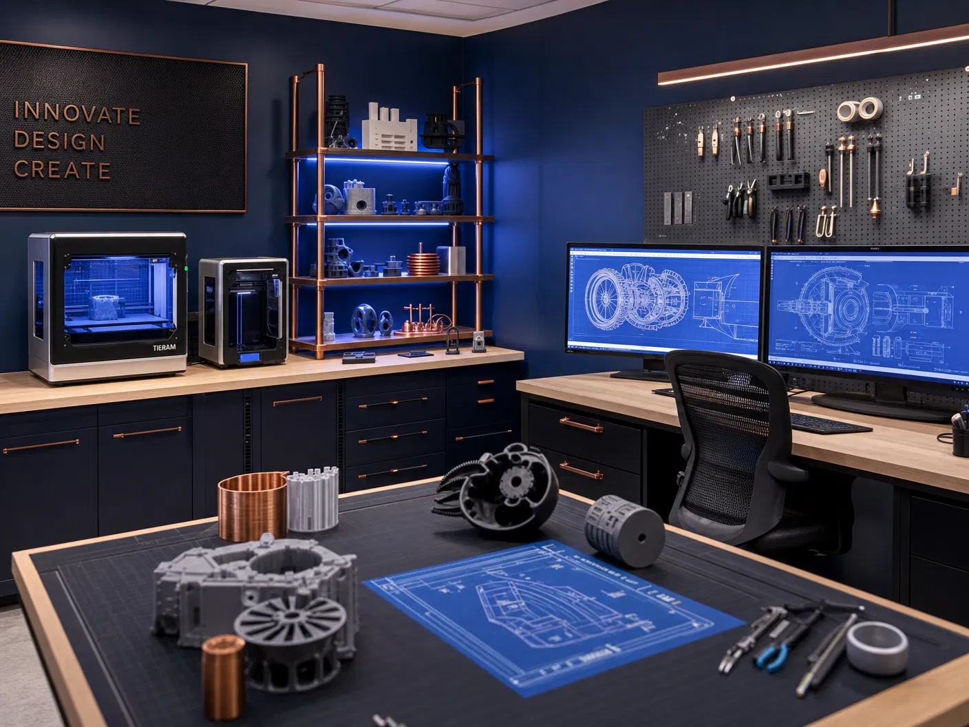 Manu innovation and product development lab with 3D printers and CAD workstations