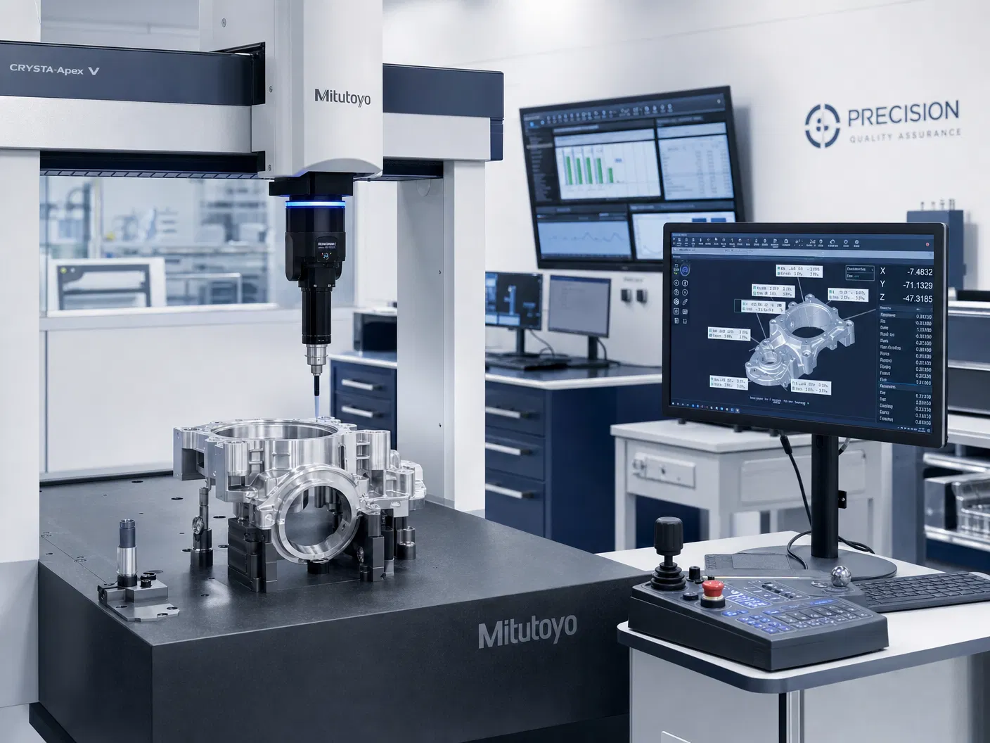 Quality assurance laboratory with coordinate measuring machine inspecting precision parts