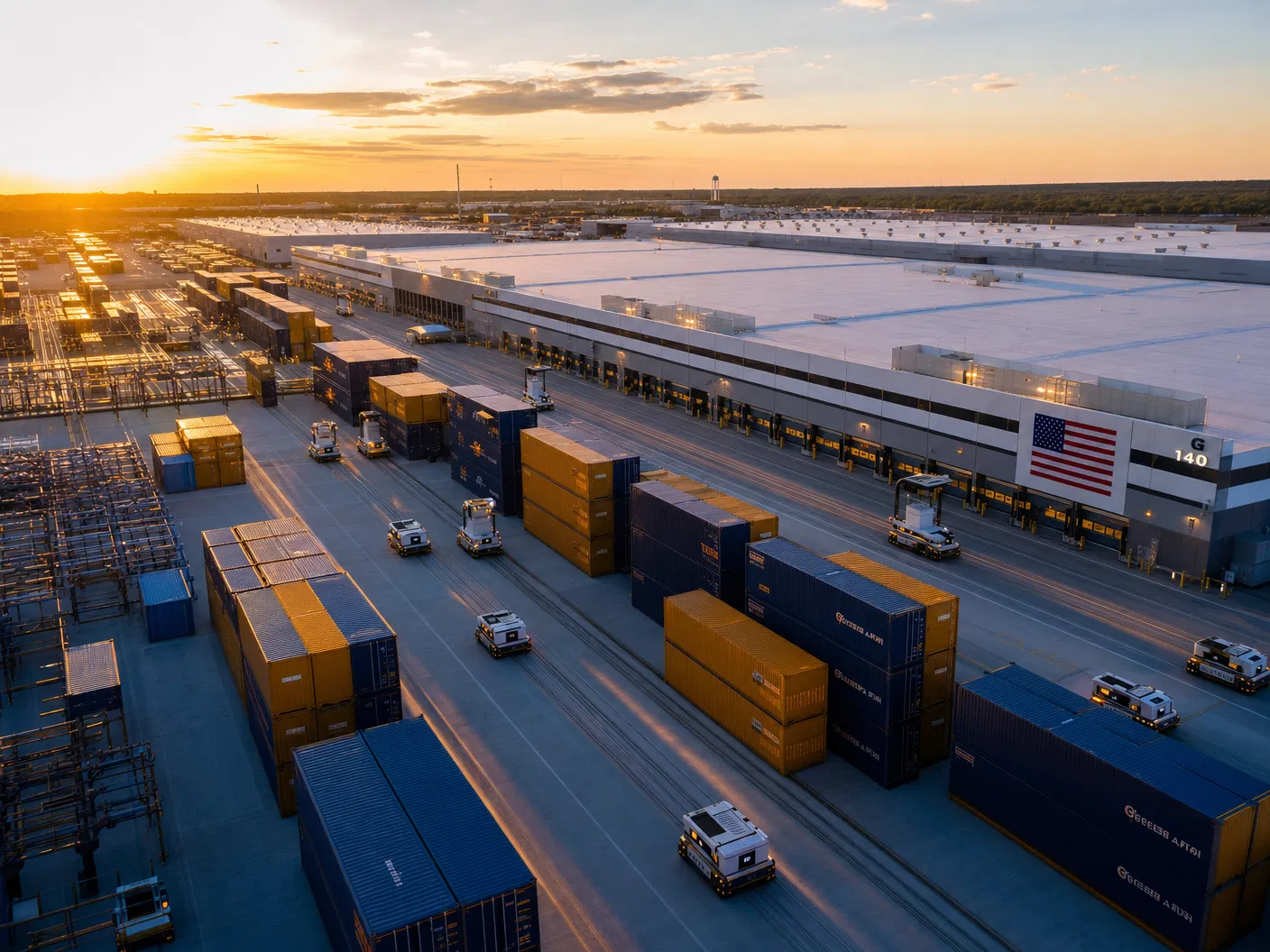 Modern logistics hub with automated guided vehicles and shipping containers at golden hour