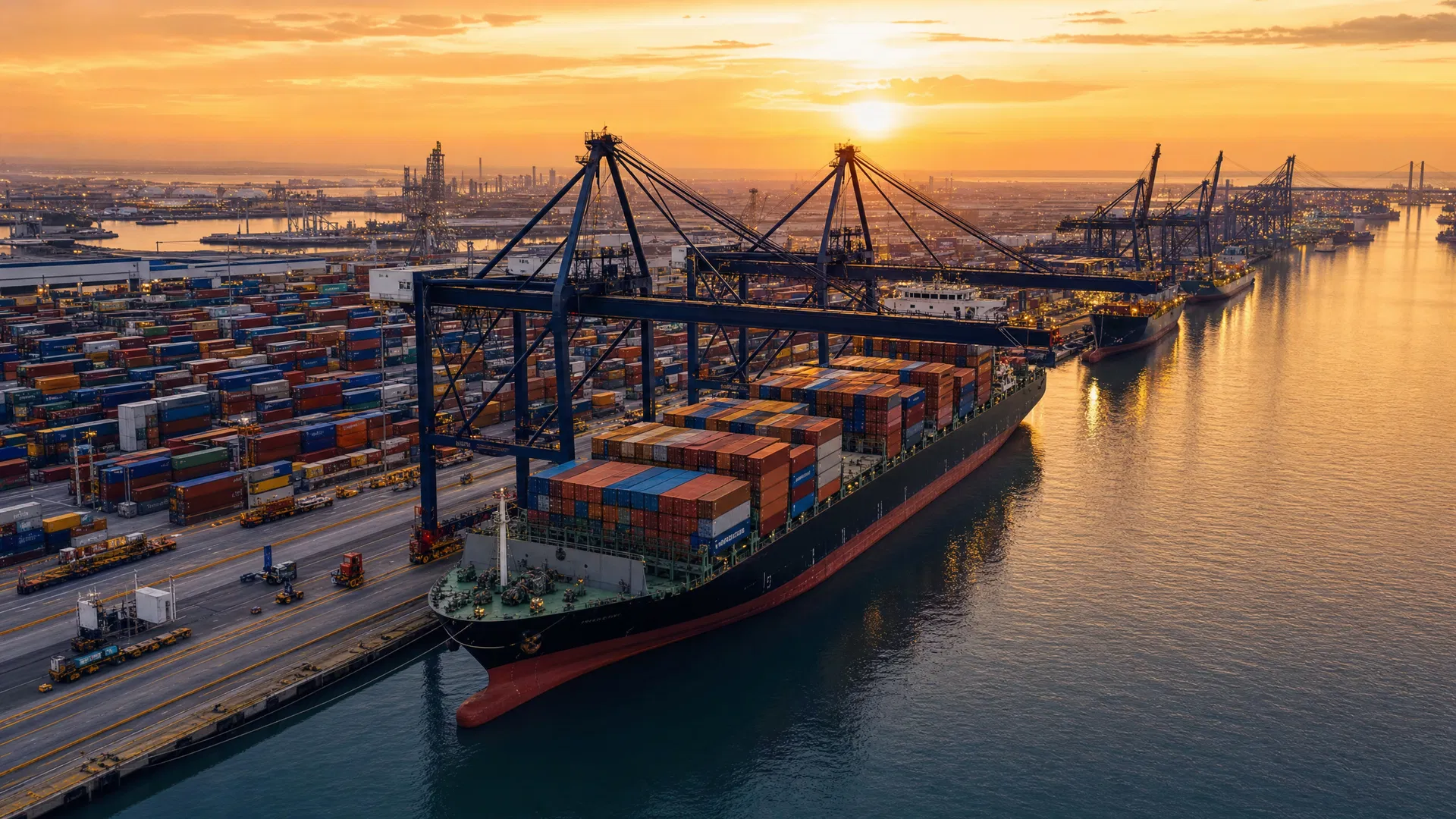 International shipping port at golden hour