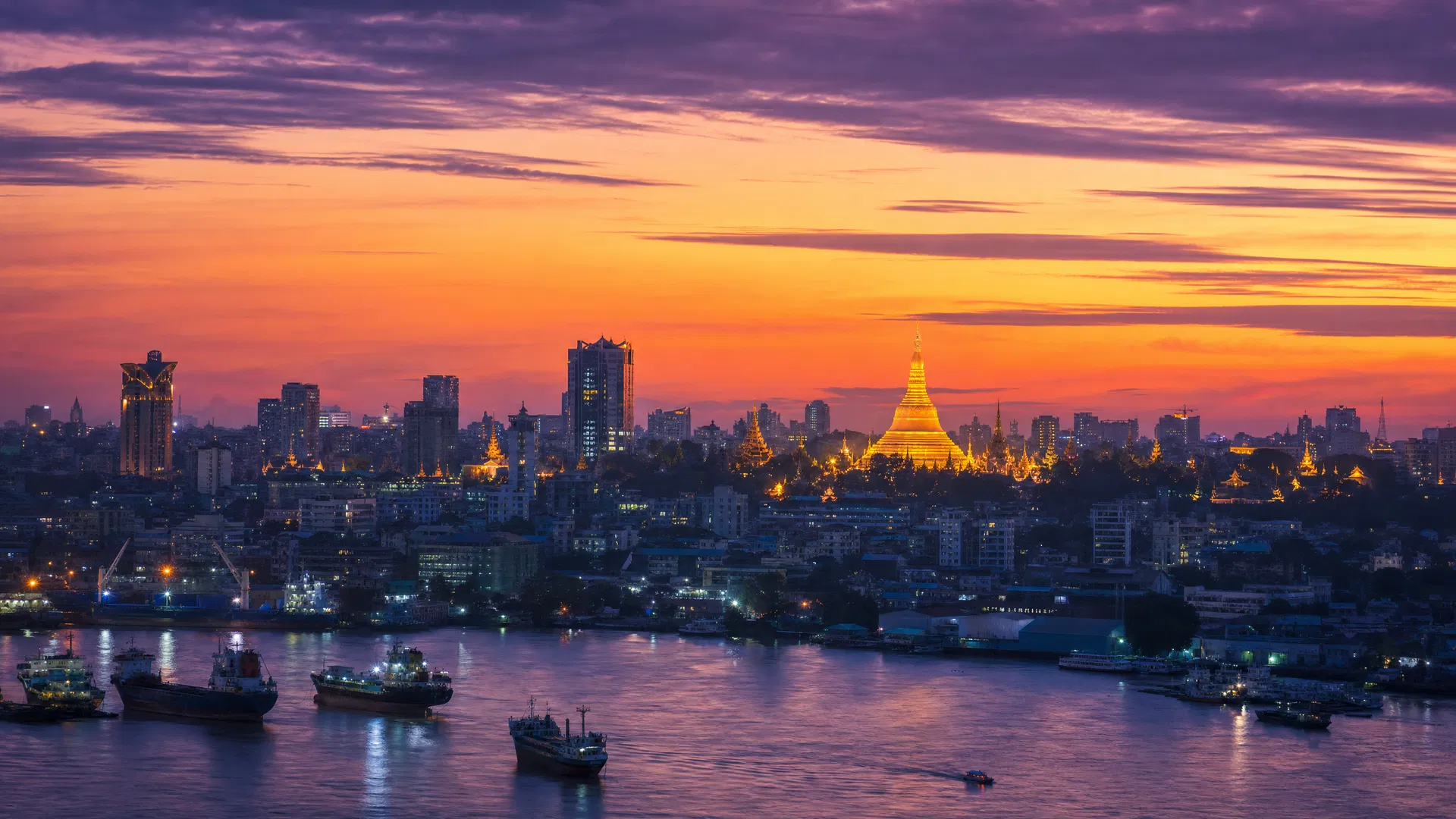 Yangon skyline at dusk