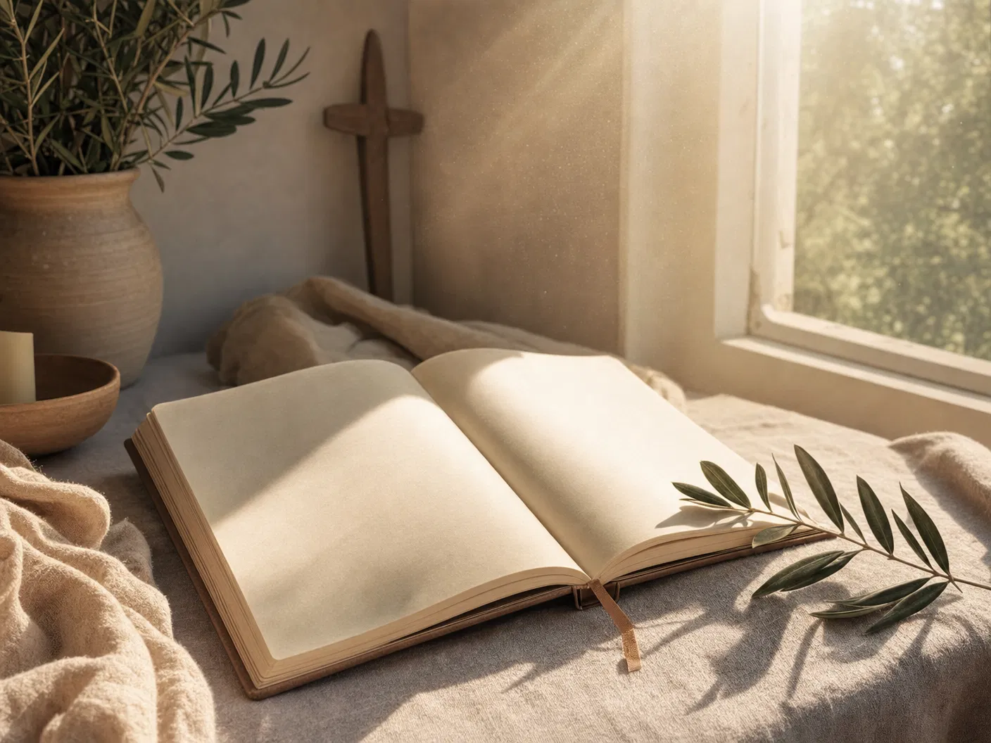 Open journal by a sunlit window