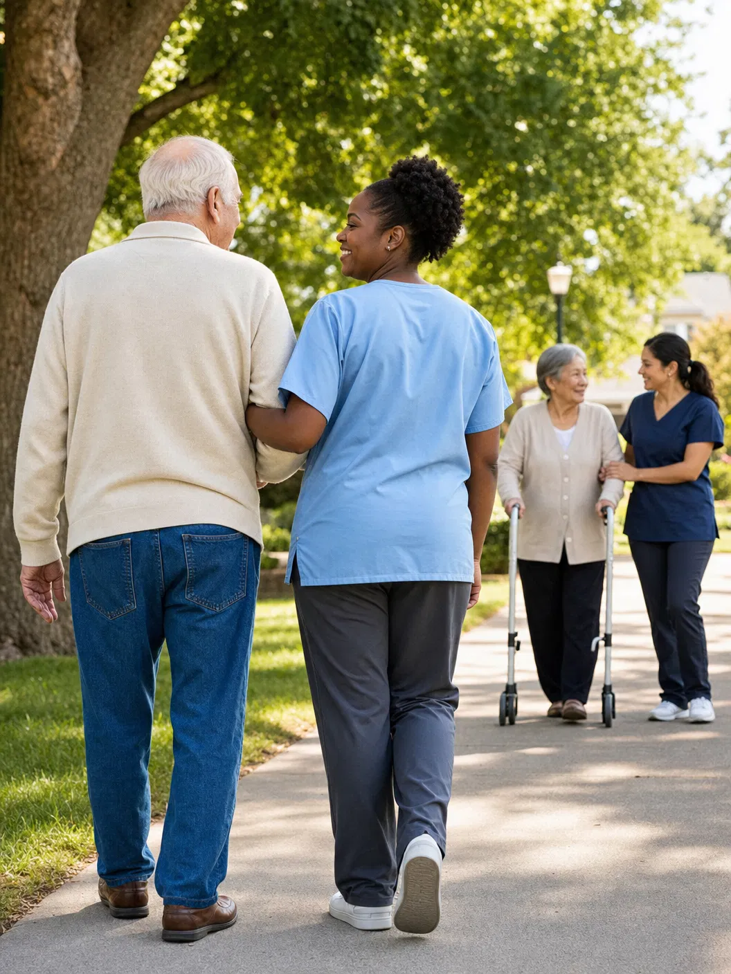 Diverse caregivers and seniors walking together through a peaceful neighborhood
