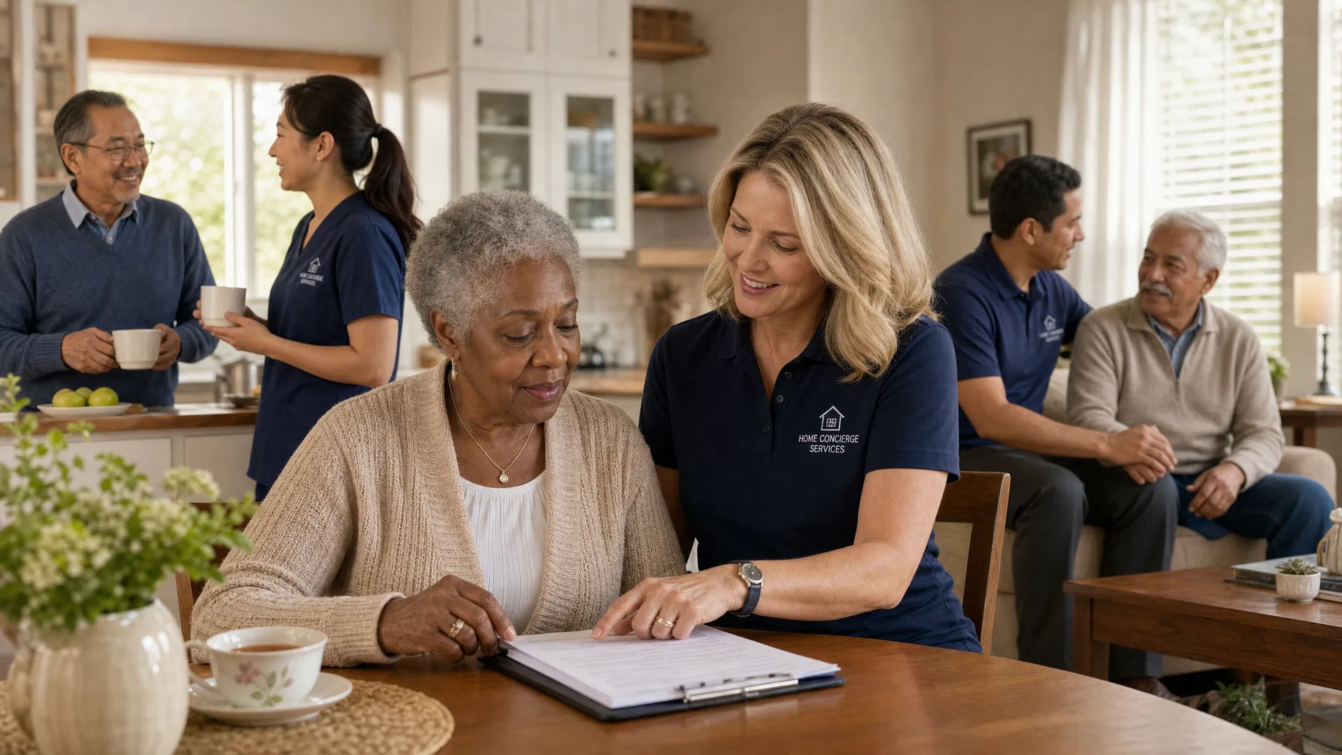 Diverse caregivers and seniors of different races working together in a warm home setting