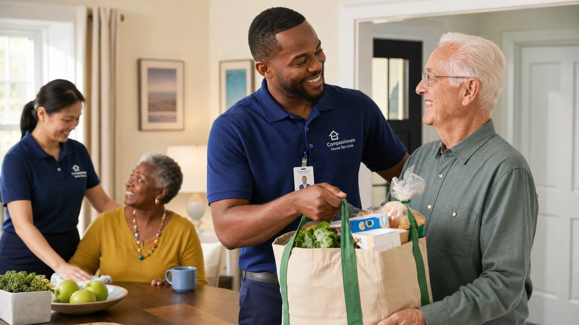Groceries, medication pickup, keys, and appointment notes representing senior concierge support