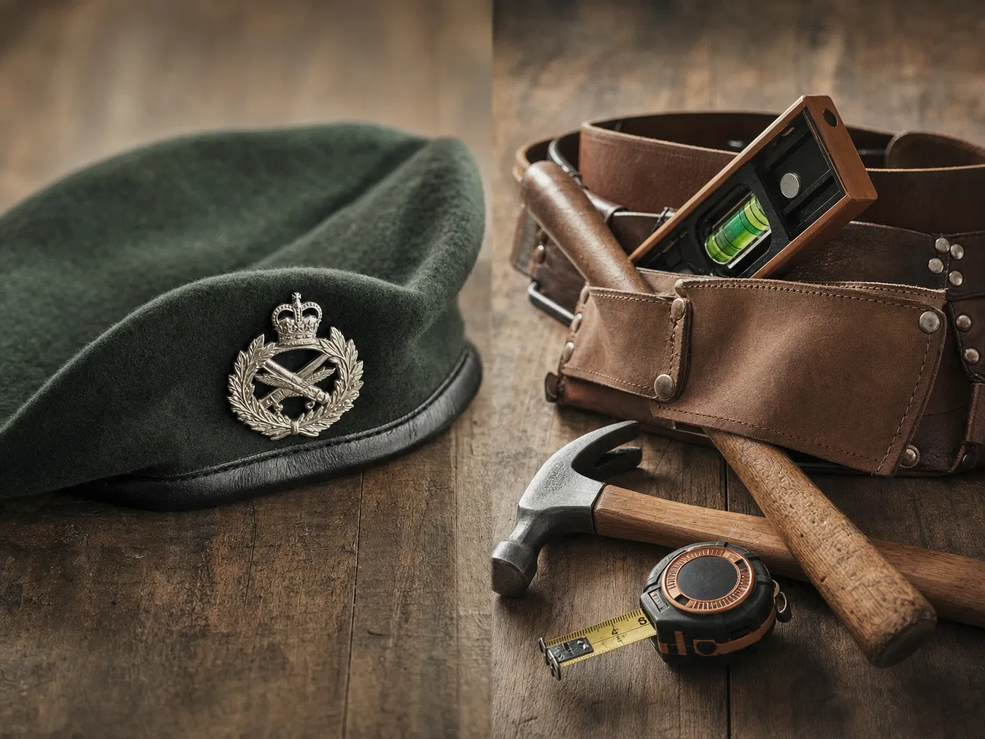 Military beret and tool belt — discipline meets craftsmanship