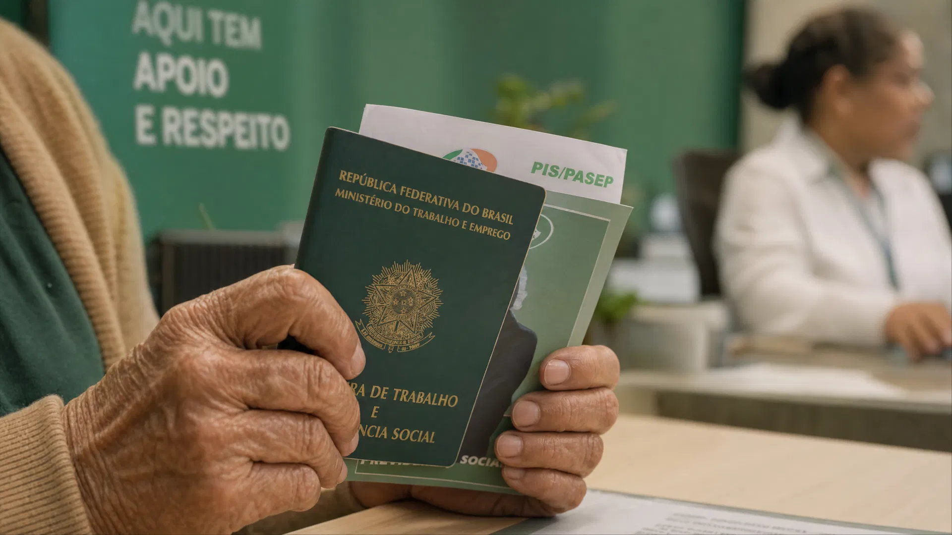 Pessoa idosa com documentos em atendimento assistencial