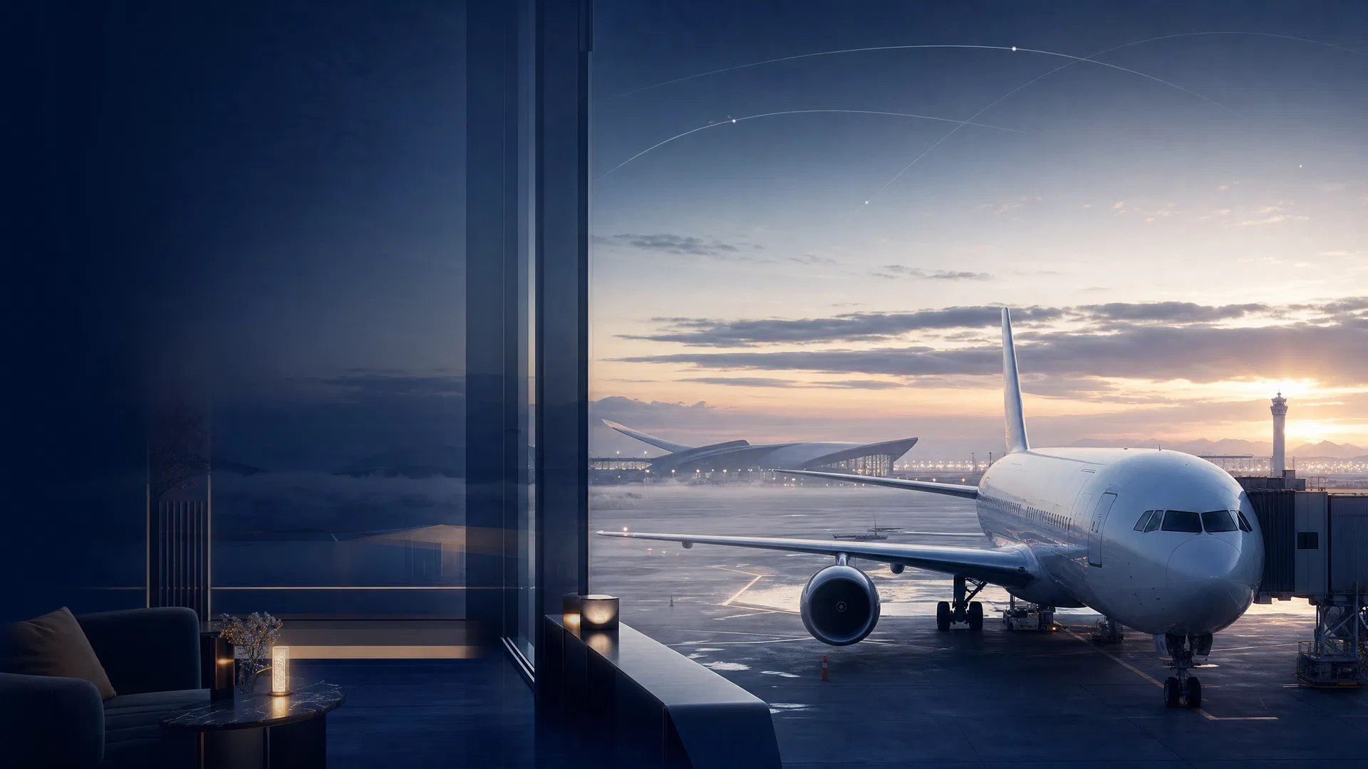 Máy bay tại sân bay lúc bình minh, nền hero cao cấp của SkyAsia Travel