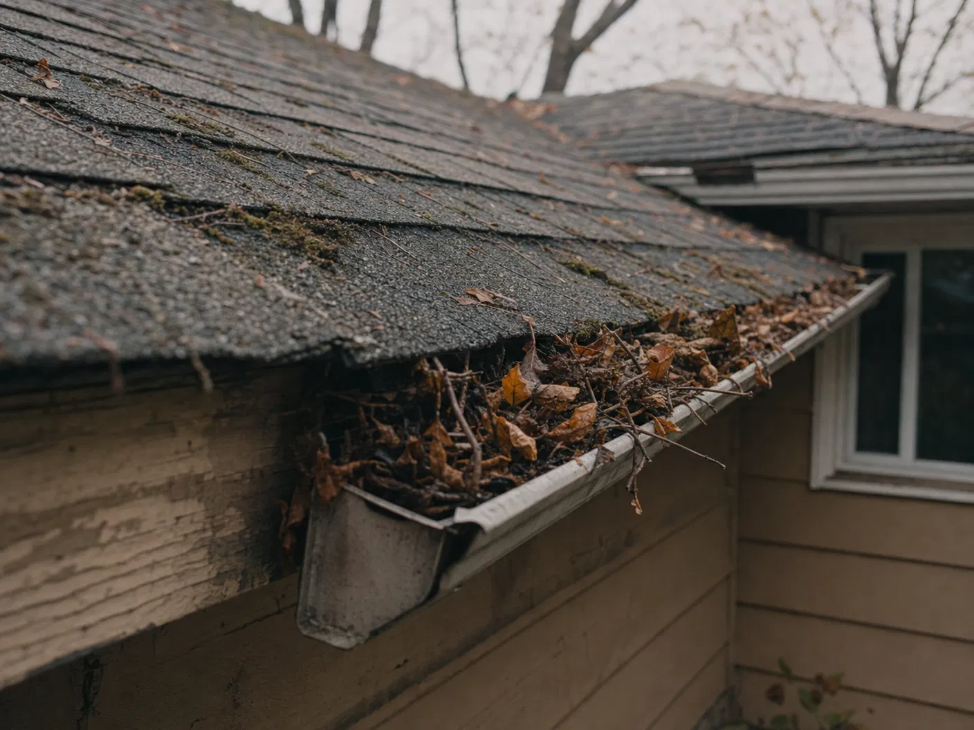 Clogged gutter on an older home before cleaning