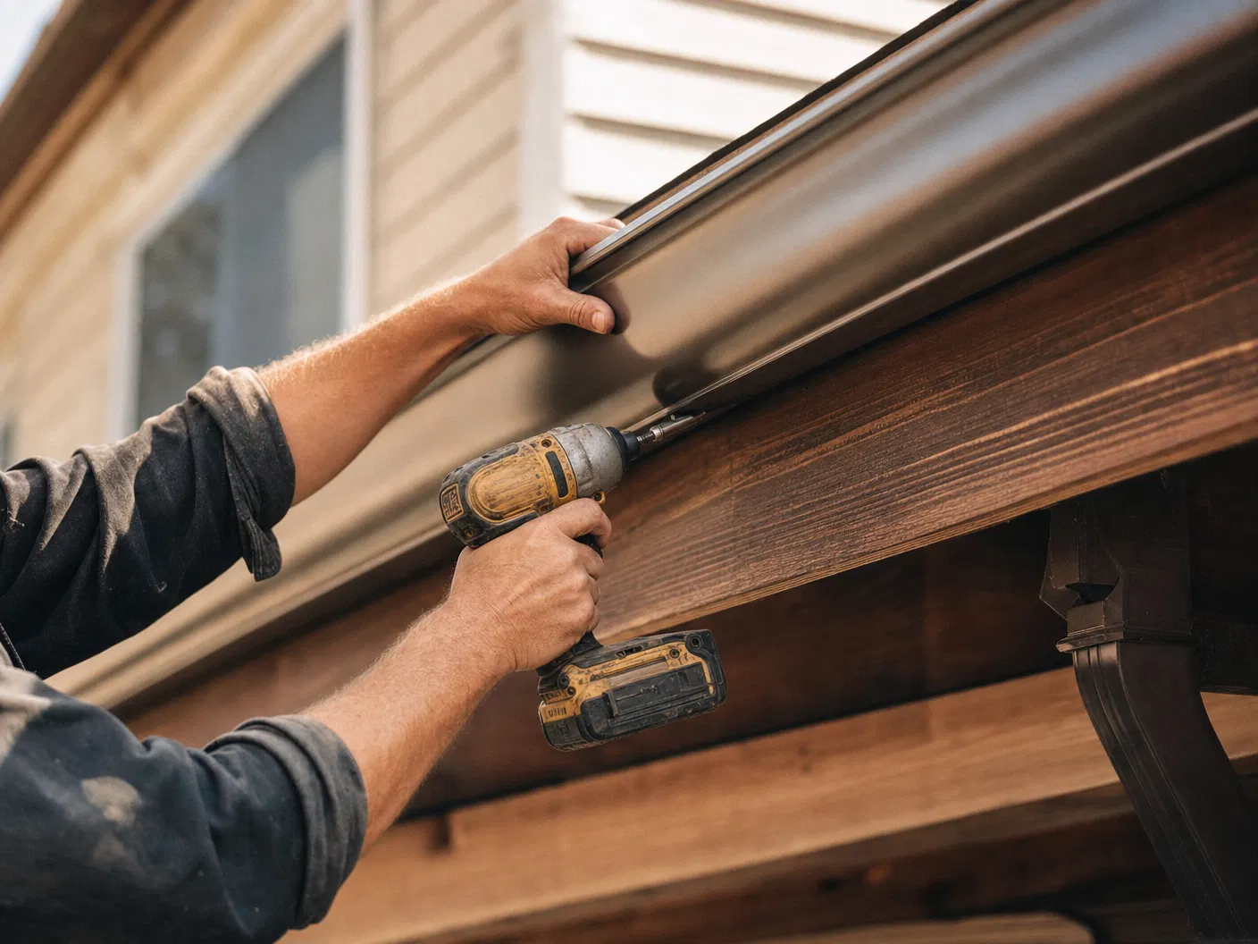 RetroFlow Gutters technician repairing a sagging gutter and reseating hangers