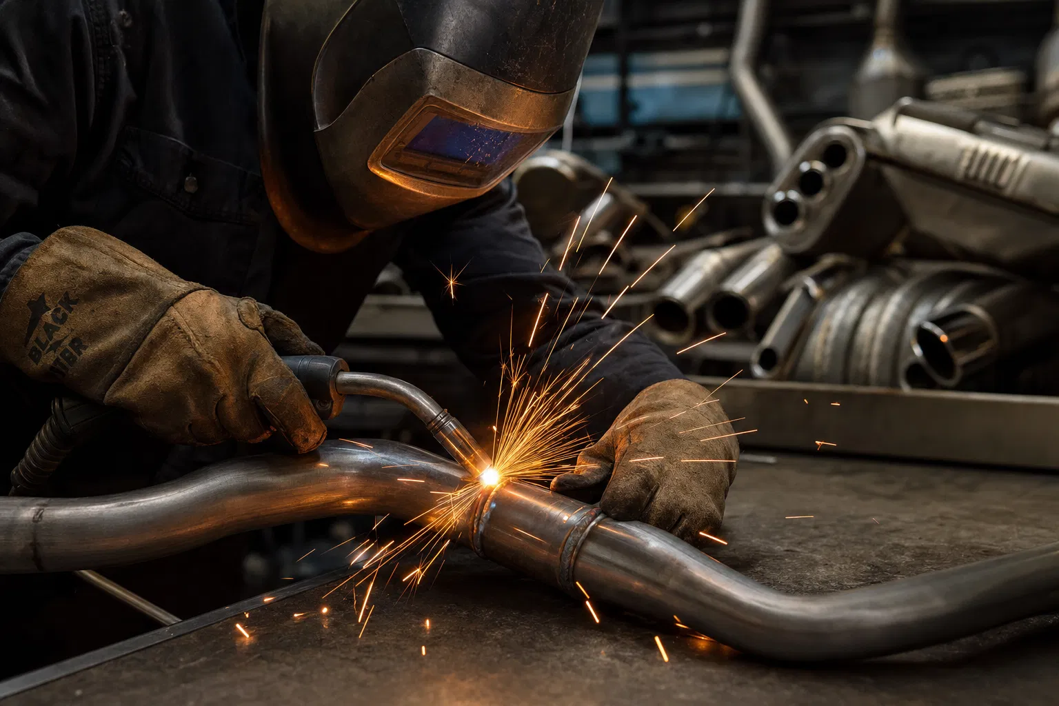 Mechanic welding custom exhaust pipes