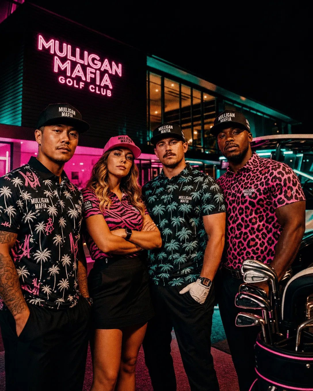 The Mulligan Mafia crew outside the clubhouse at night