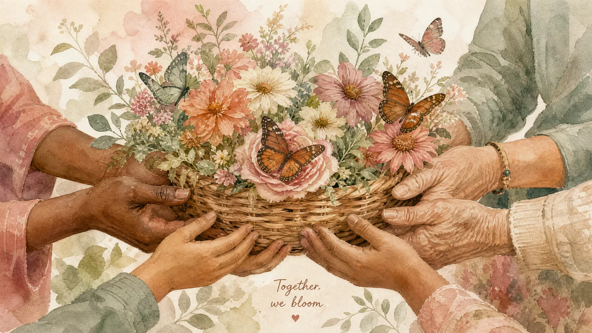 Community hands sharing a basket of flowers with butterflies