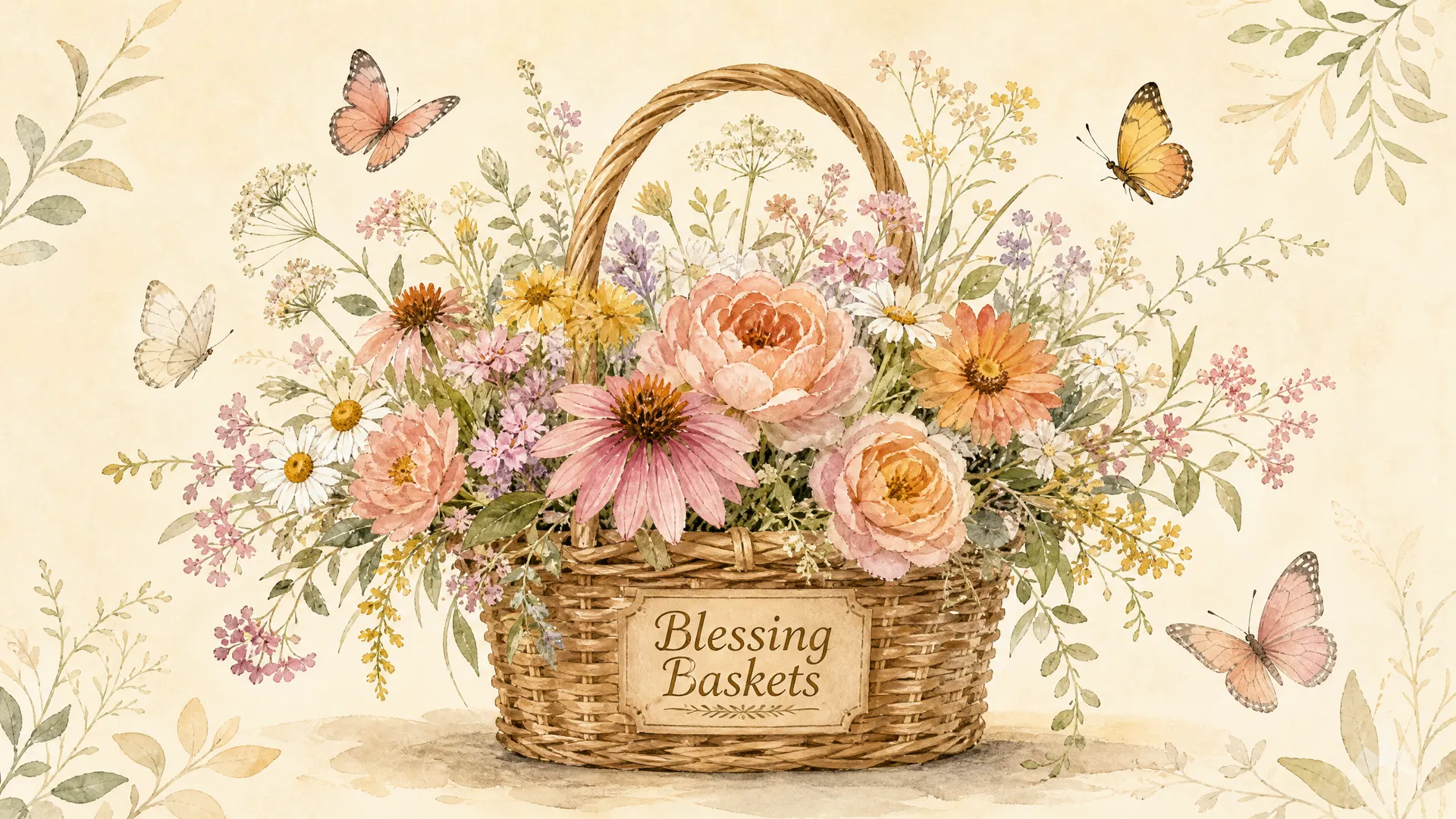Blessing Baskets hero with flowers and butterflies