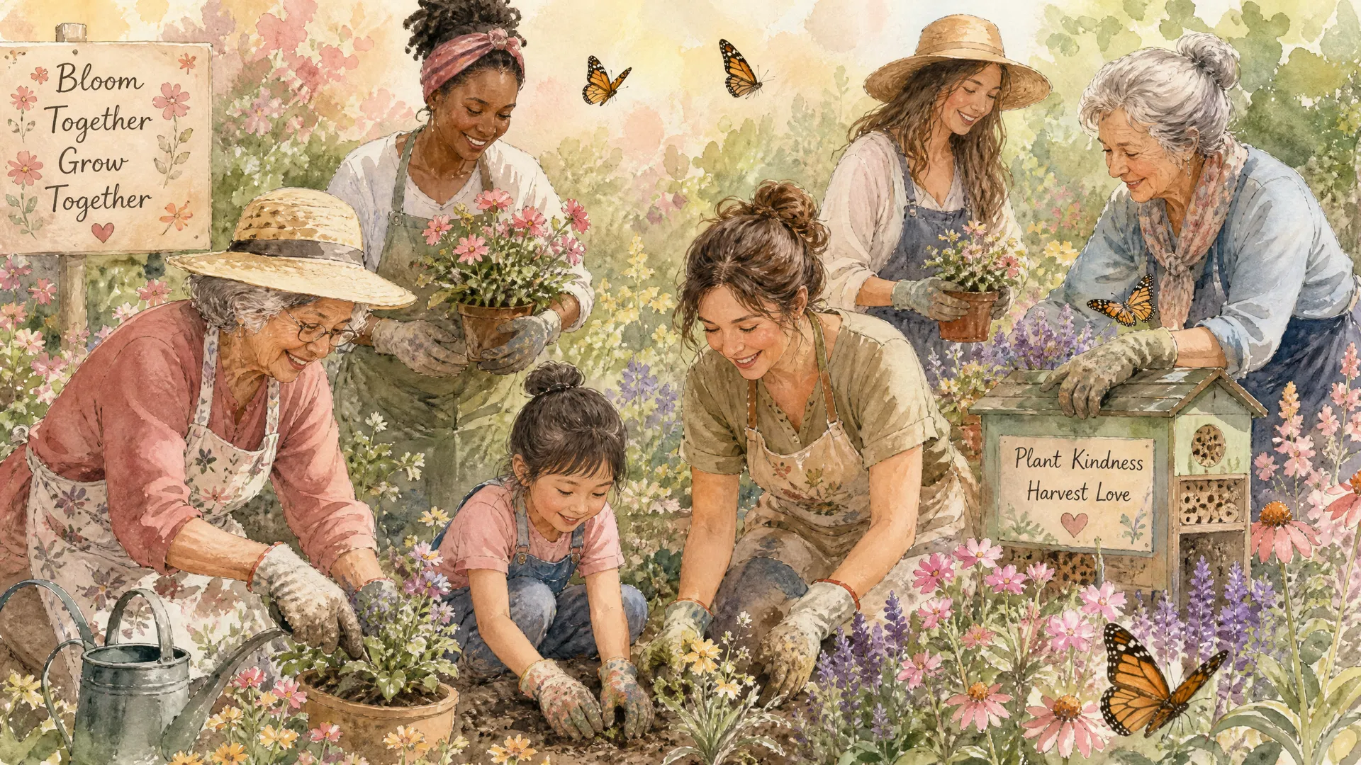 Women volunteering together in a flower garden