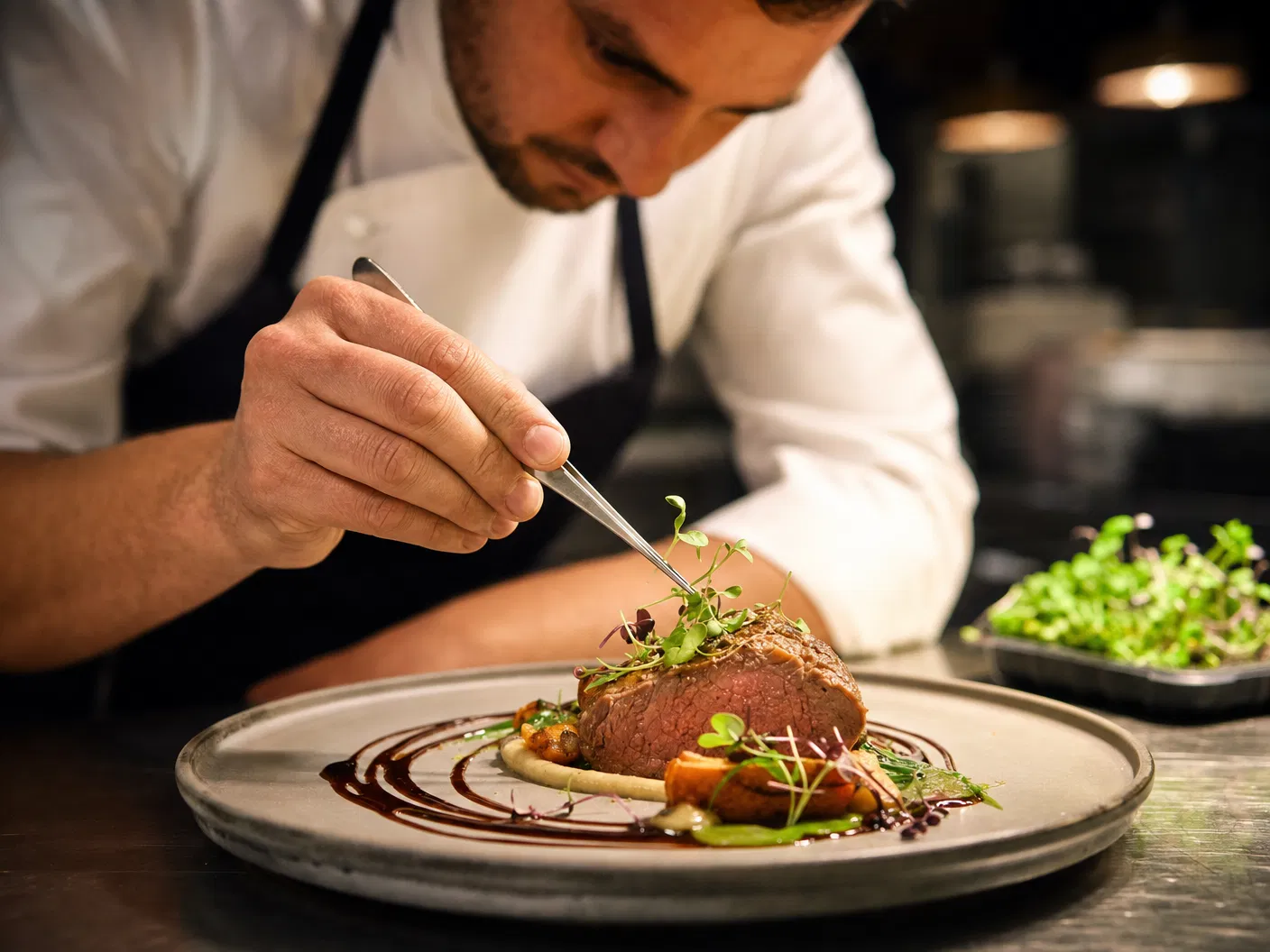 Chef plating with microgreens