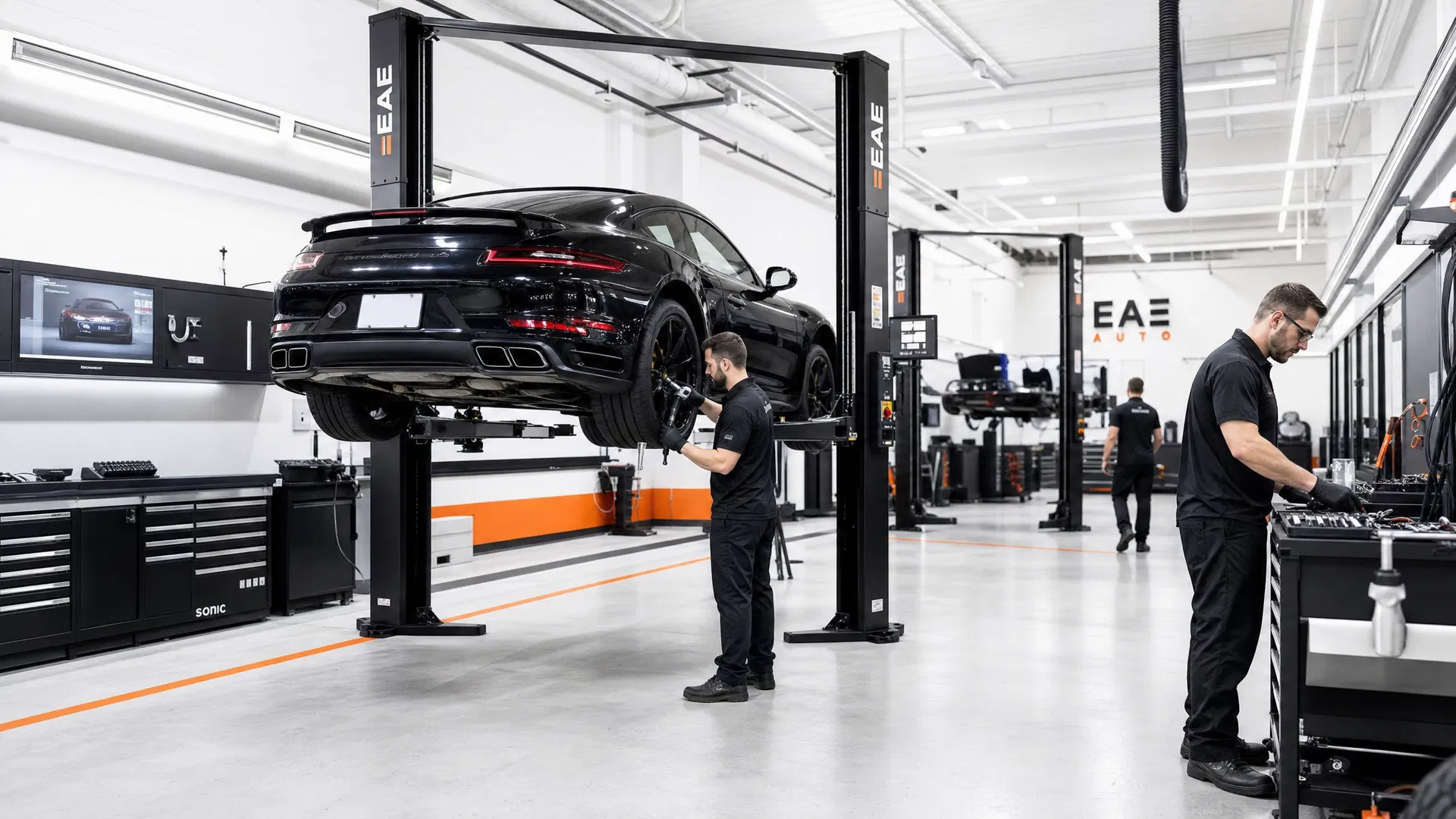 Modern auto repair shop with car on lift