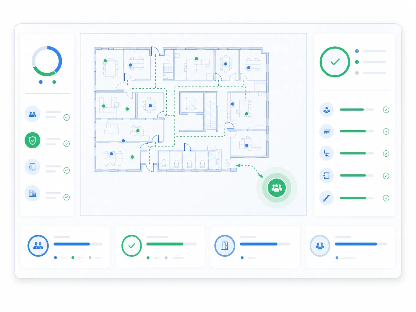 Presence-aware evacuation accountability dashboard illustration