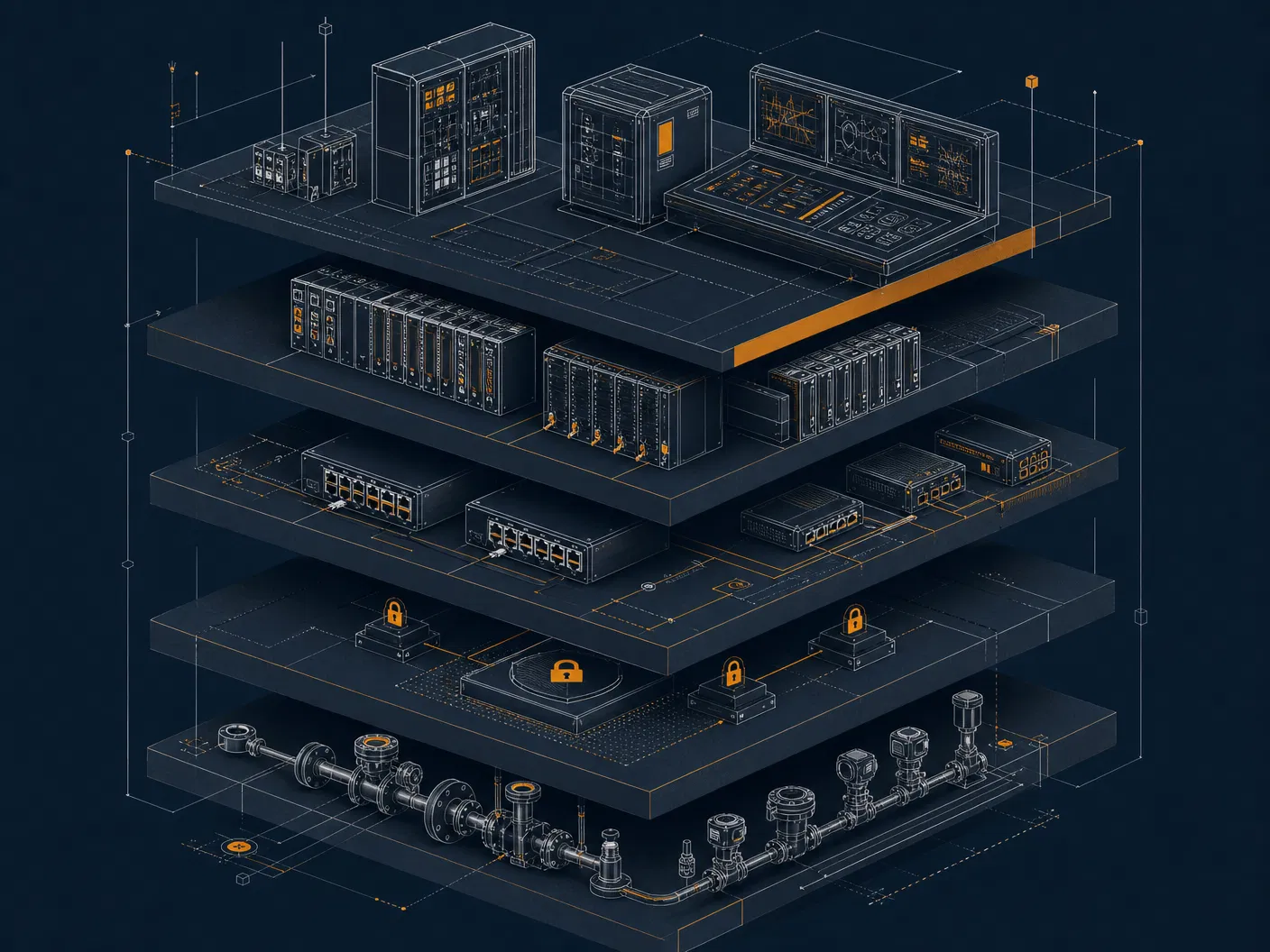 Abstract technical capability stack showing controls, networks, cybersecurity, and process instrumentation