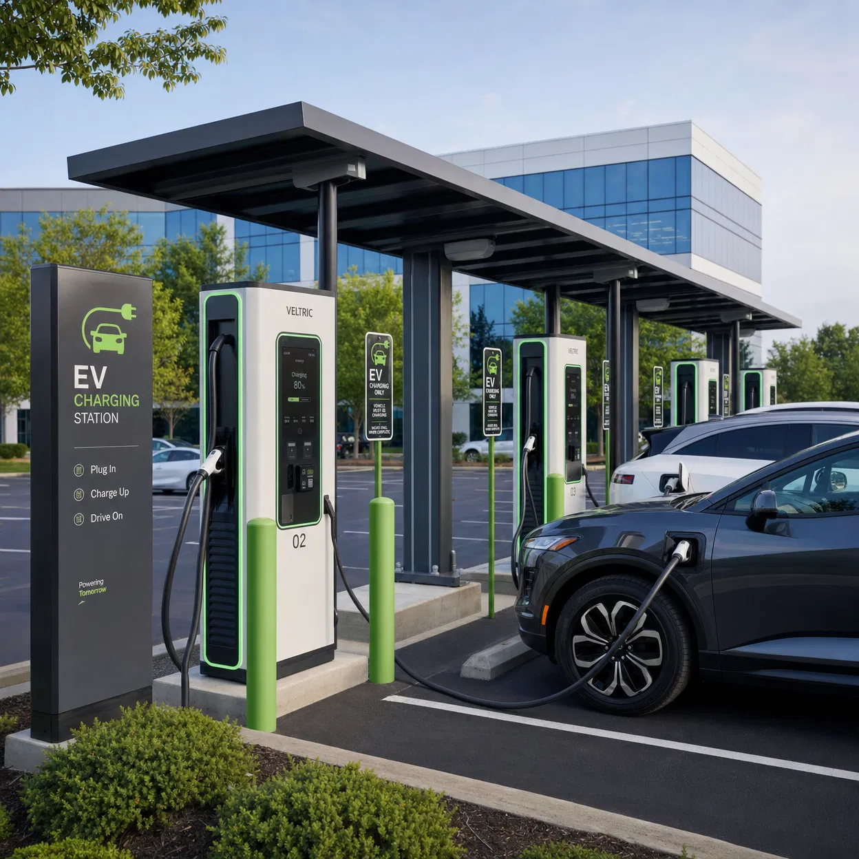 Commercial EV charging station with multiple chargers in business parking lot