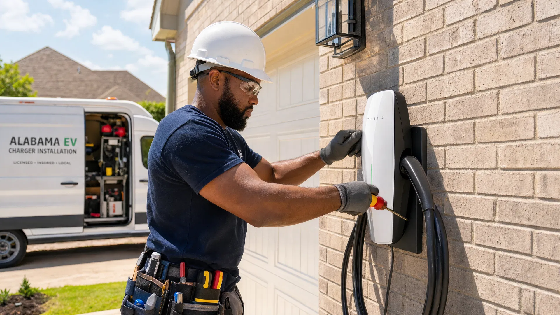 Professional electrician installing Level 2 EV charger on residential home in Huntsville Alabama