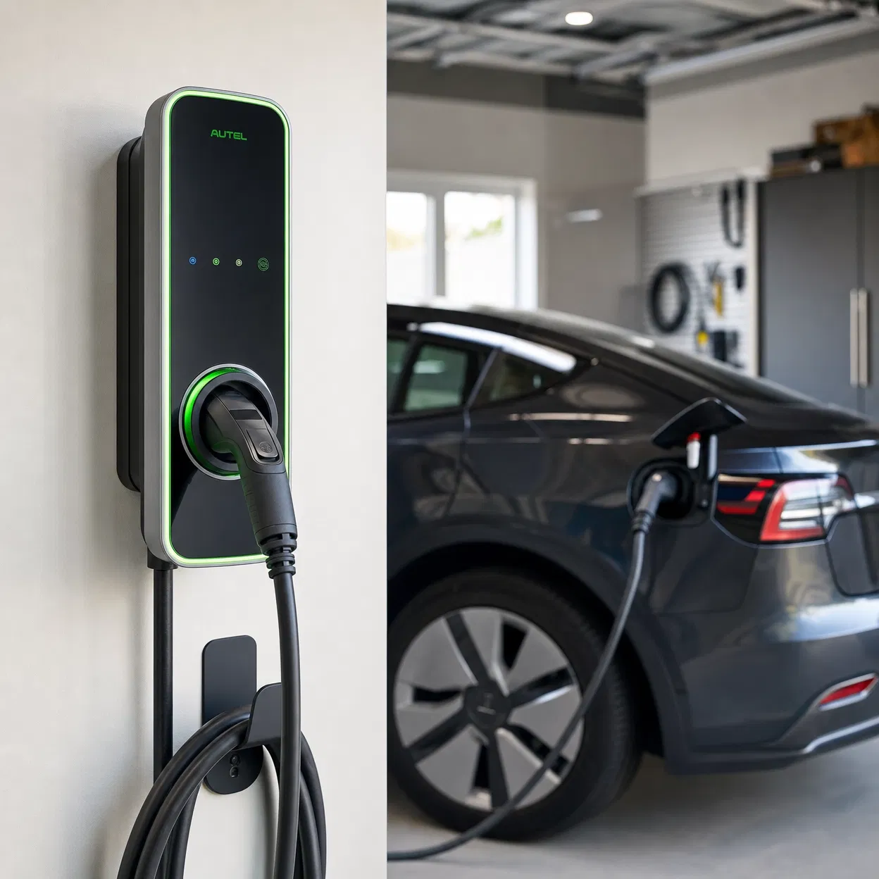 Level 2 EV charger 240V wall-mounted installation with active charging
