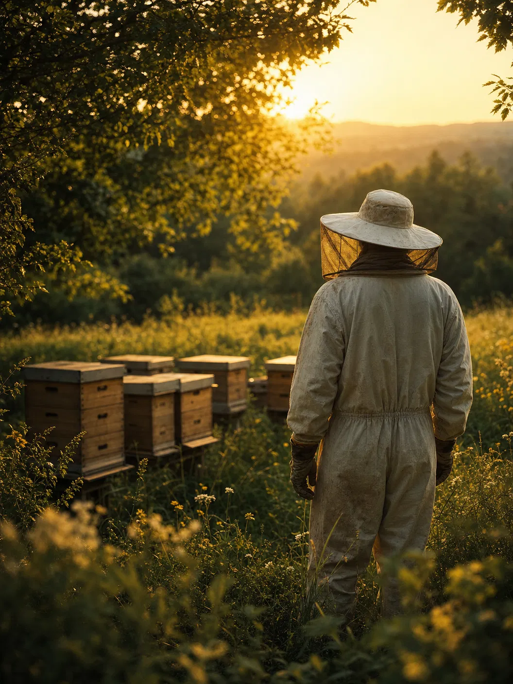 Beekeeper at golden hour with hive boxes