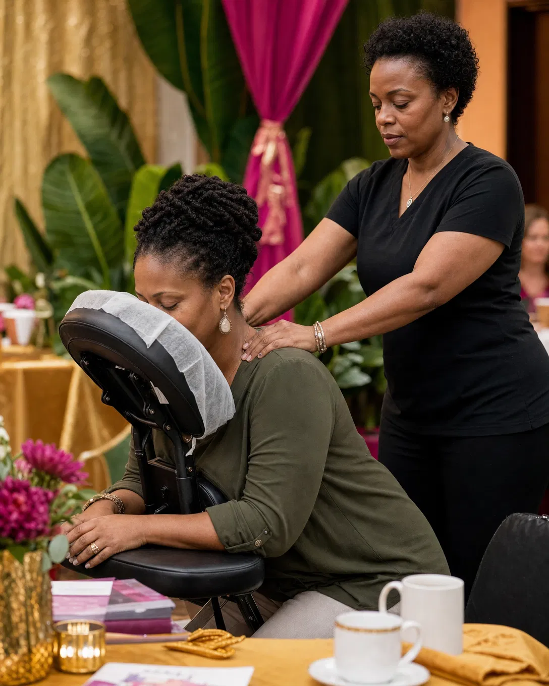 Black woman receiving a restorative chair massage at a community wellness event