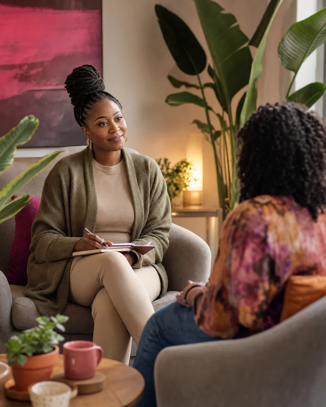 Black therapist and participant in a calm wellness conversation