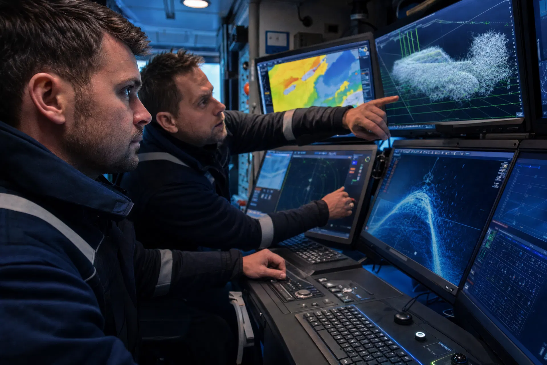 Survey technicians at offshore workstation