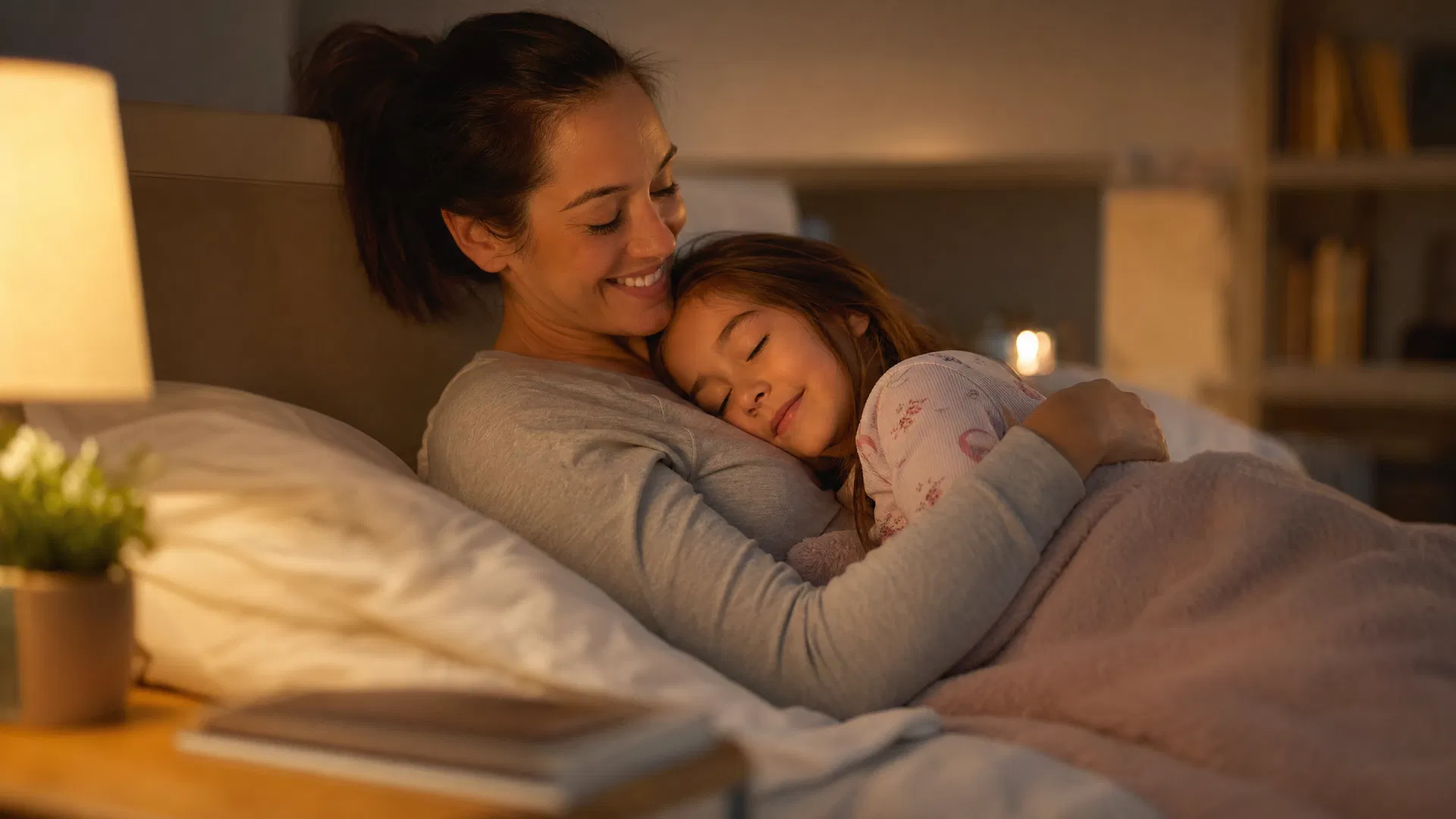 Happy family at bedtime