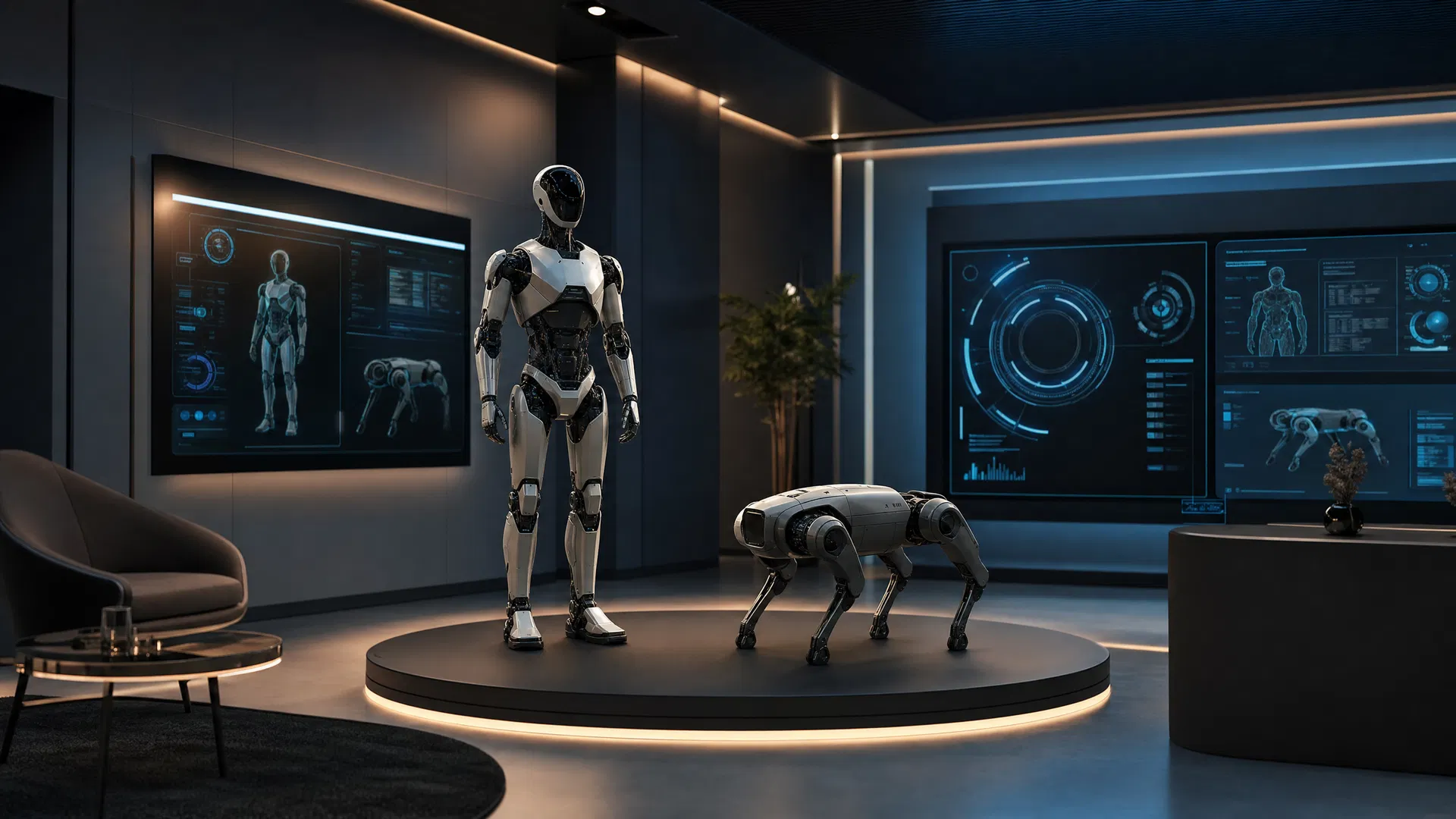 Showroom ARK-BOT avec robots humanoïde et quadrupède