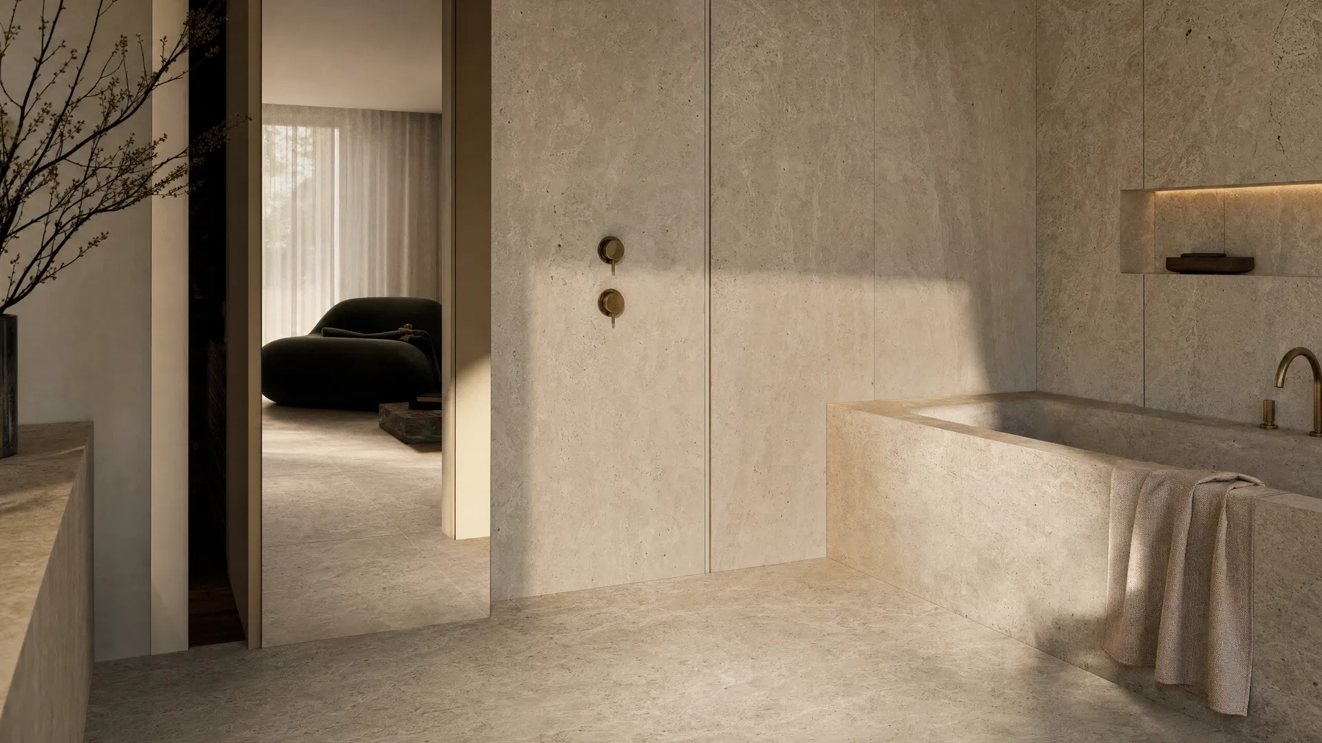 Premium travertine-look tiled architectural bathroom interior