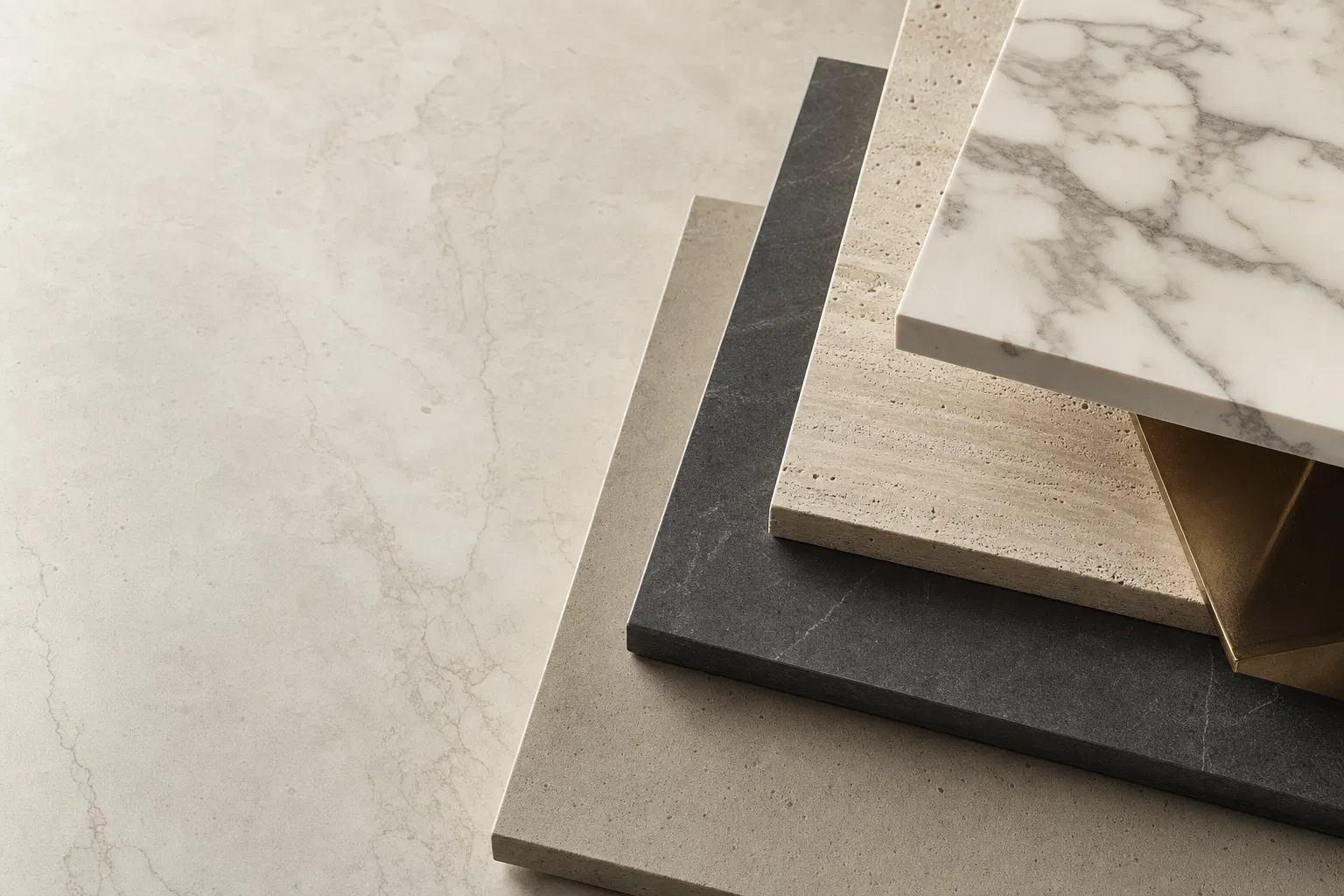 Layered premium marble, travertine, concrete and charcoal tile slab samples