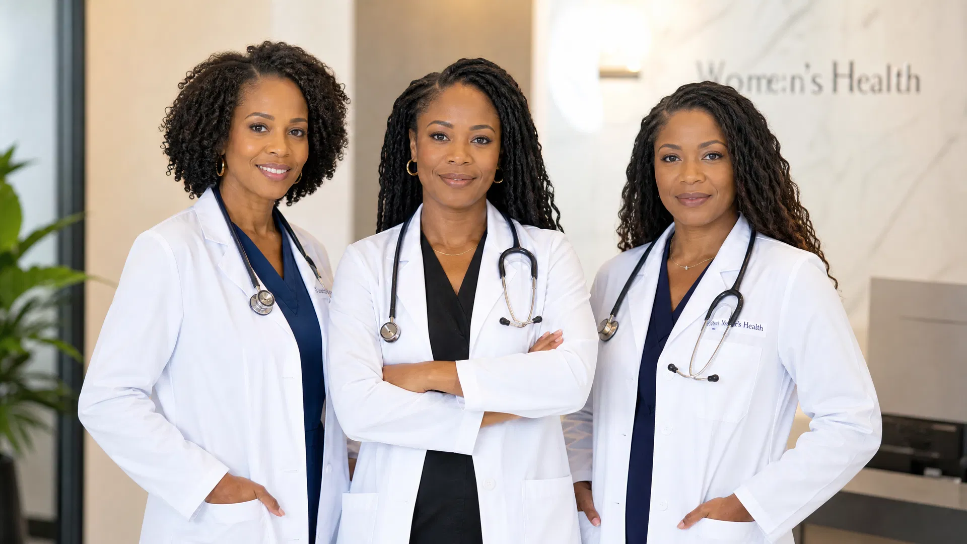 Three Black female doctors in white coats