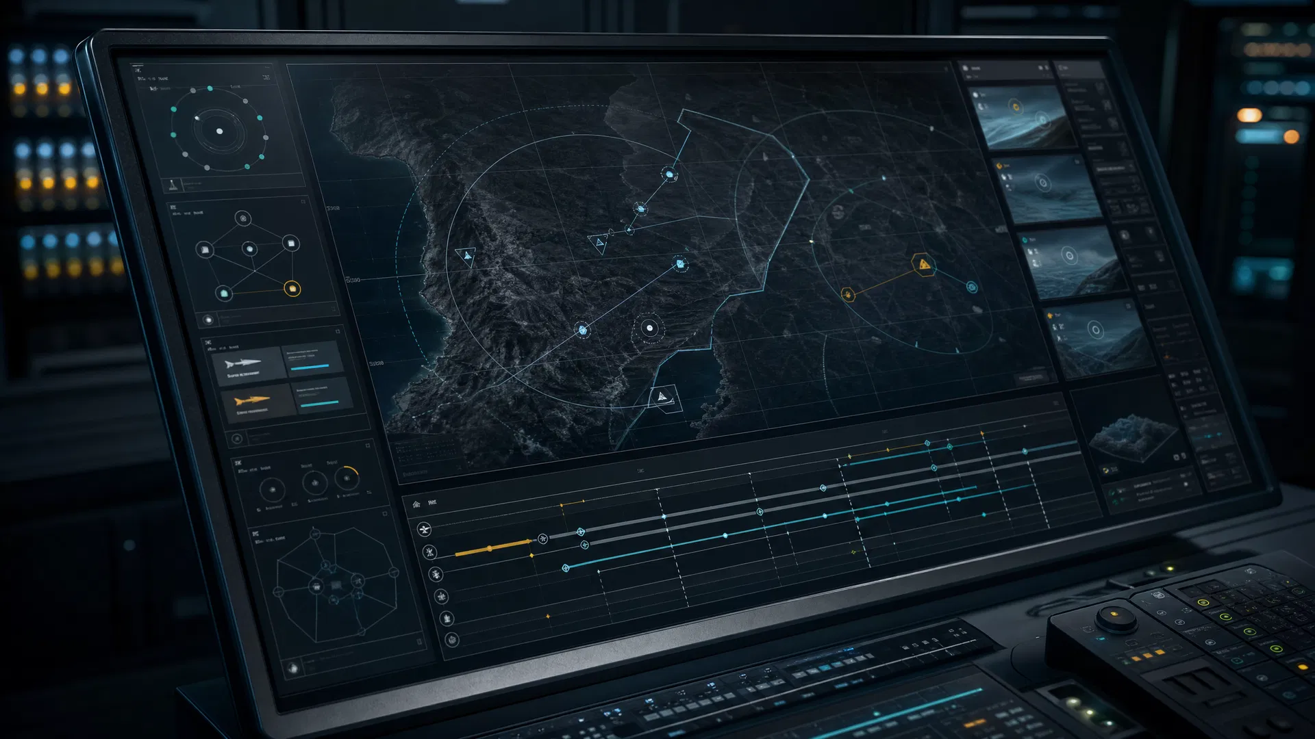 Aspis C2 platform interface showing track context and mission handover views