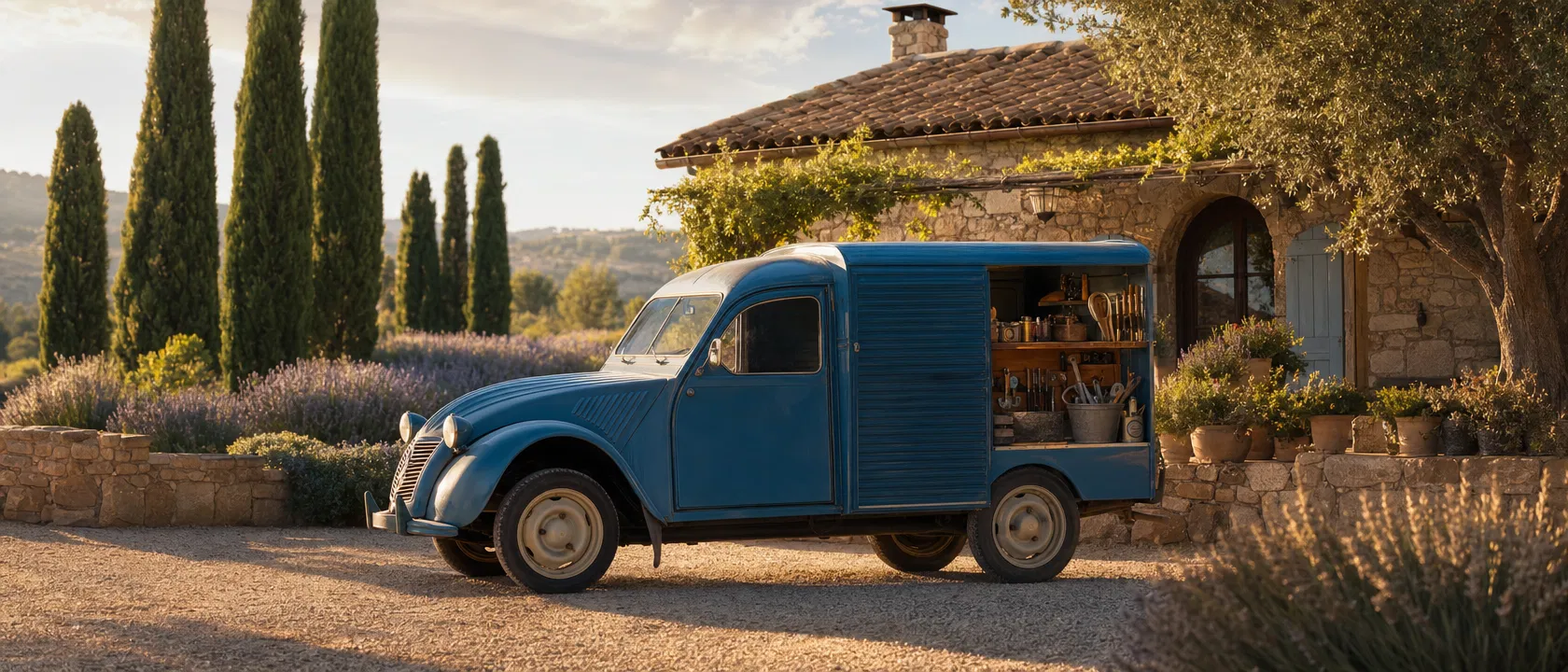 Citroën 2CV camionnette artisan couvreur devant une maison provençale