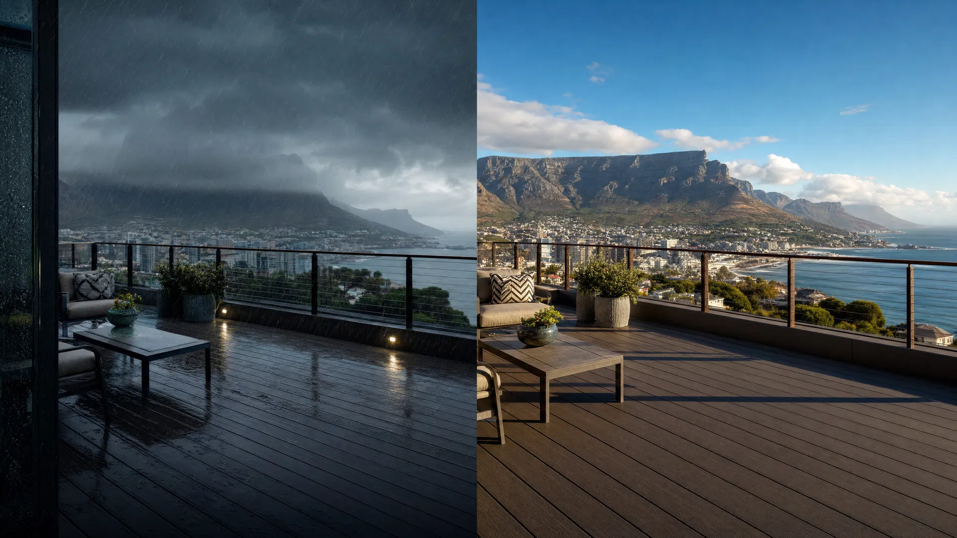Deck in rain and sunshine showing weather resilience