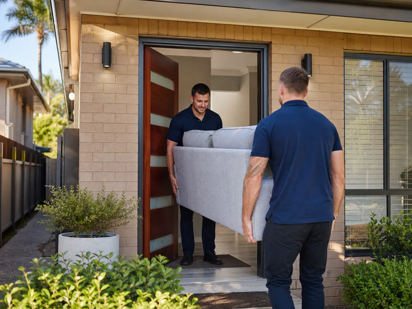 Professional delivery team carrying sofa