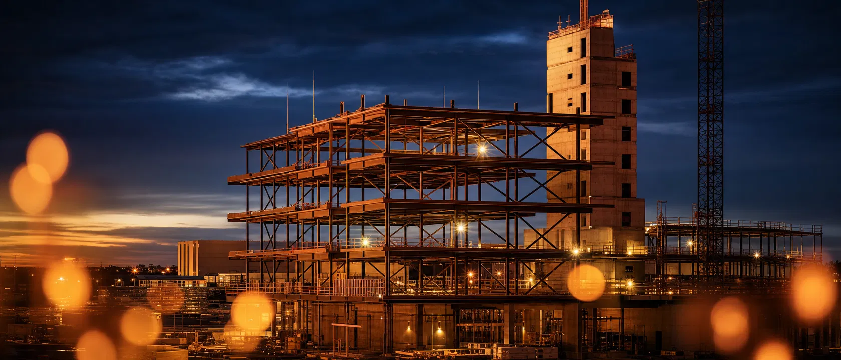 Construction contractor site with steel framework at golden hour - LNH CPA PLLC serves subcontractors