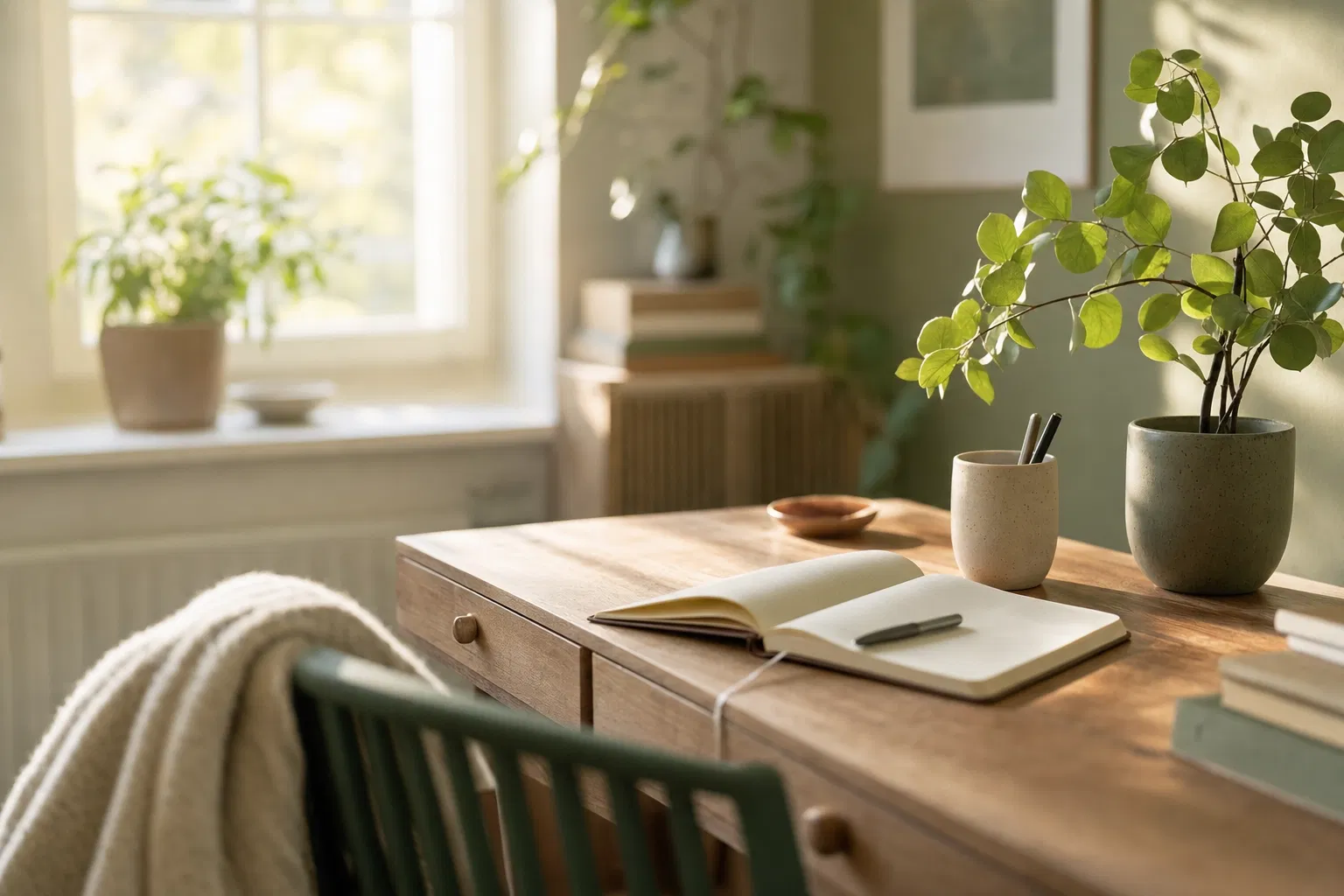 Nordisk arbejdsplads med åben notesbog og planter