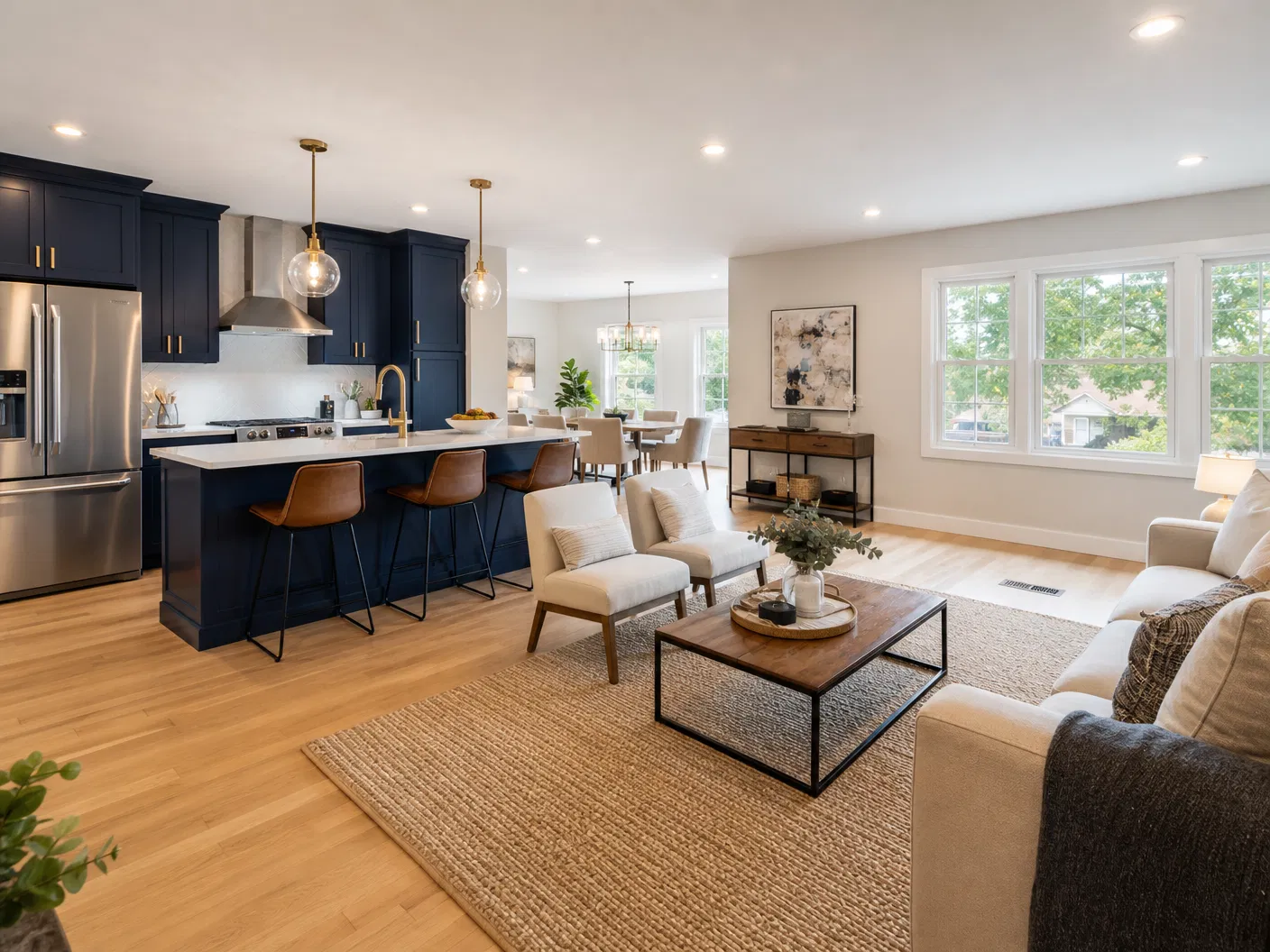 Renovated interior with navy kitchen