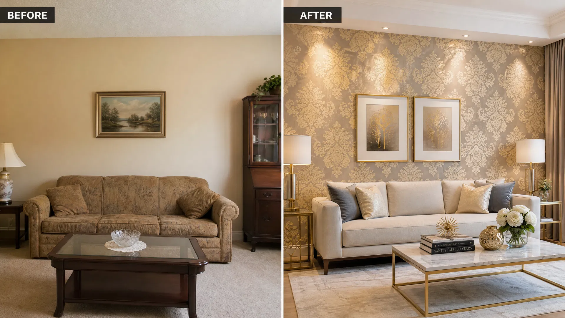 Before and after wallpaper installation