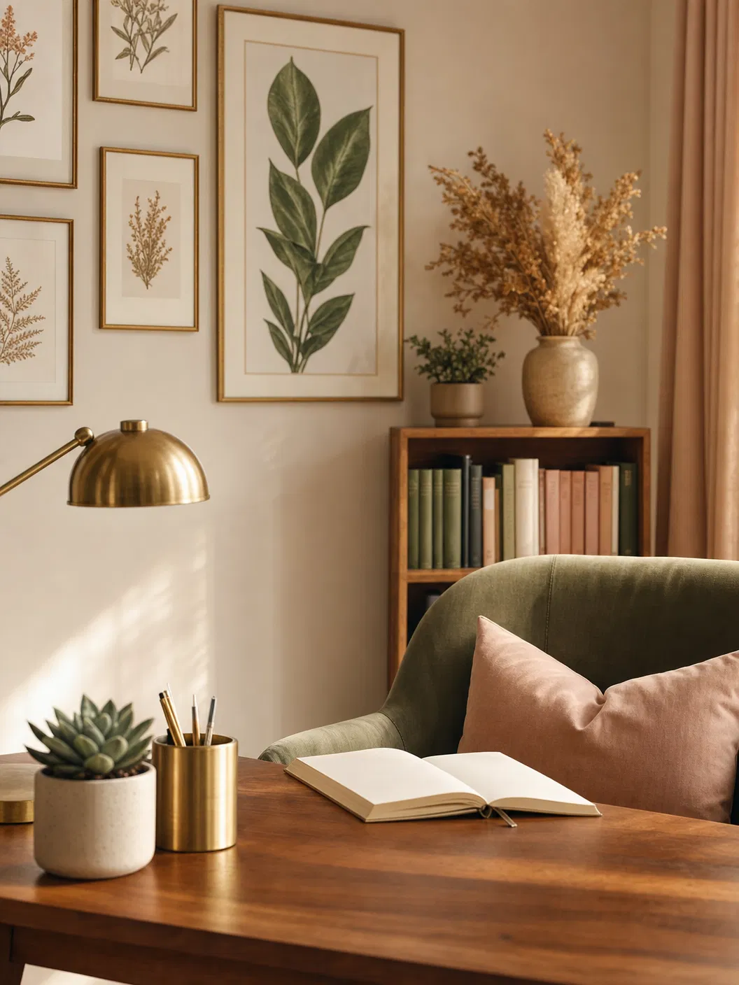 A warm, curated home office with botanical prints and a sage green chair