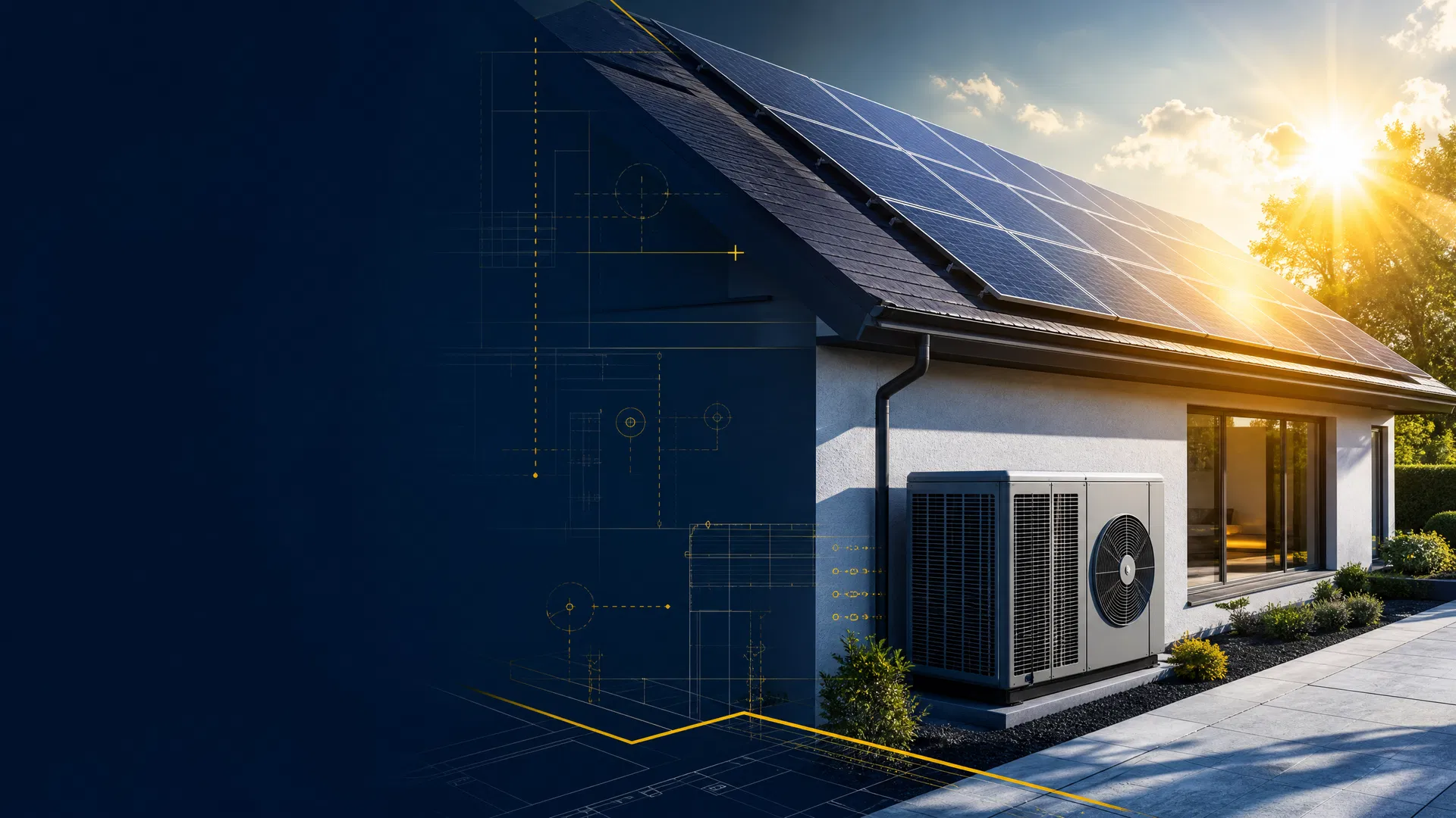 Solar panels and HVAC equipment at a modern home