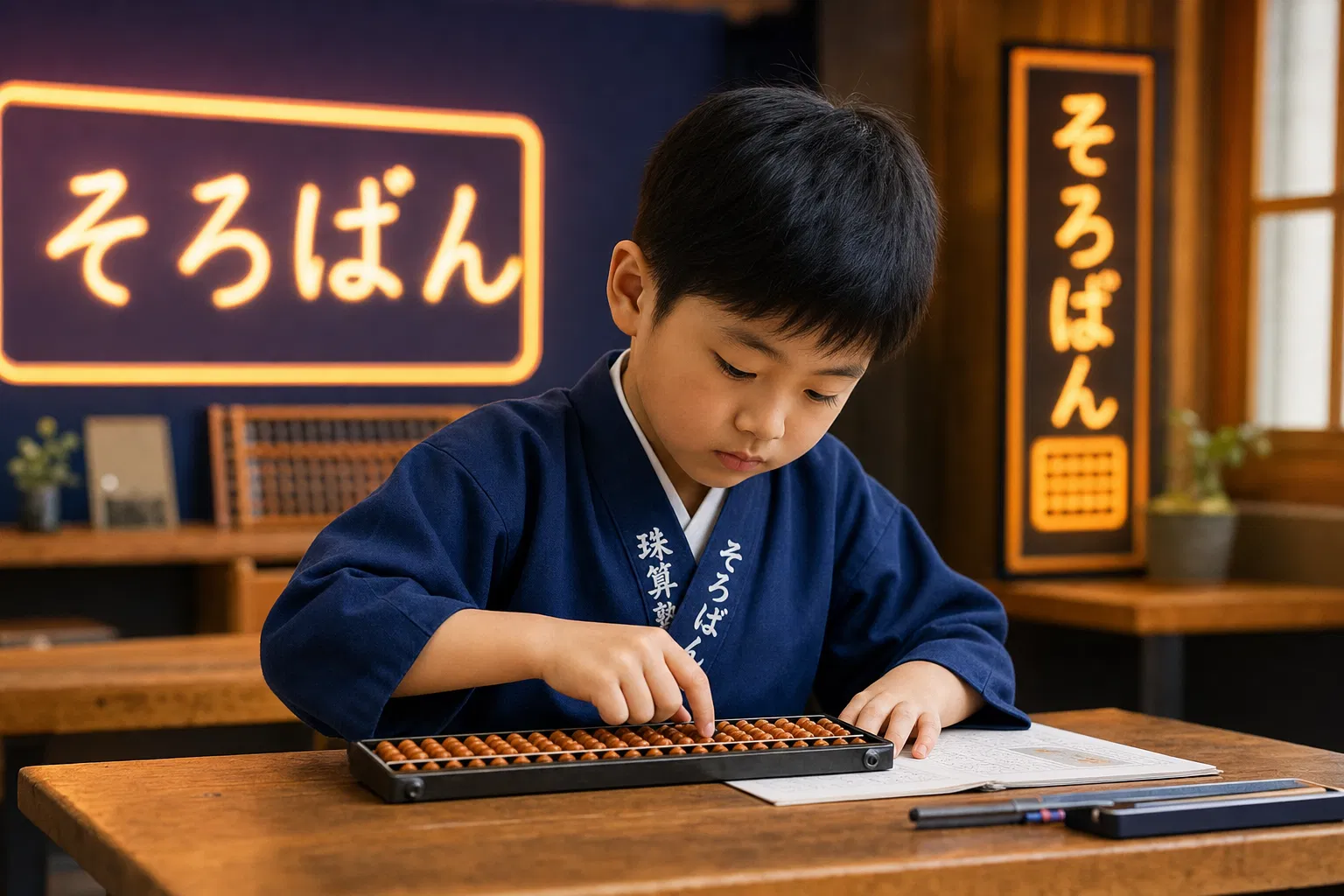 そろばんを練習する子ども