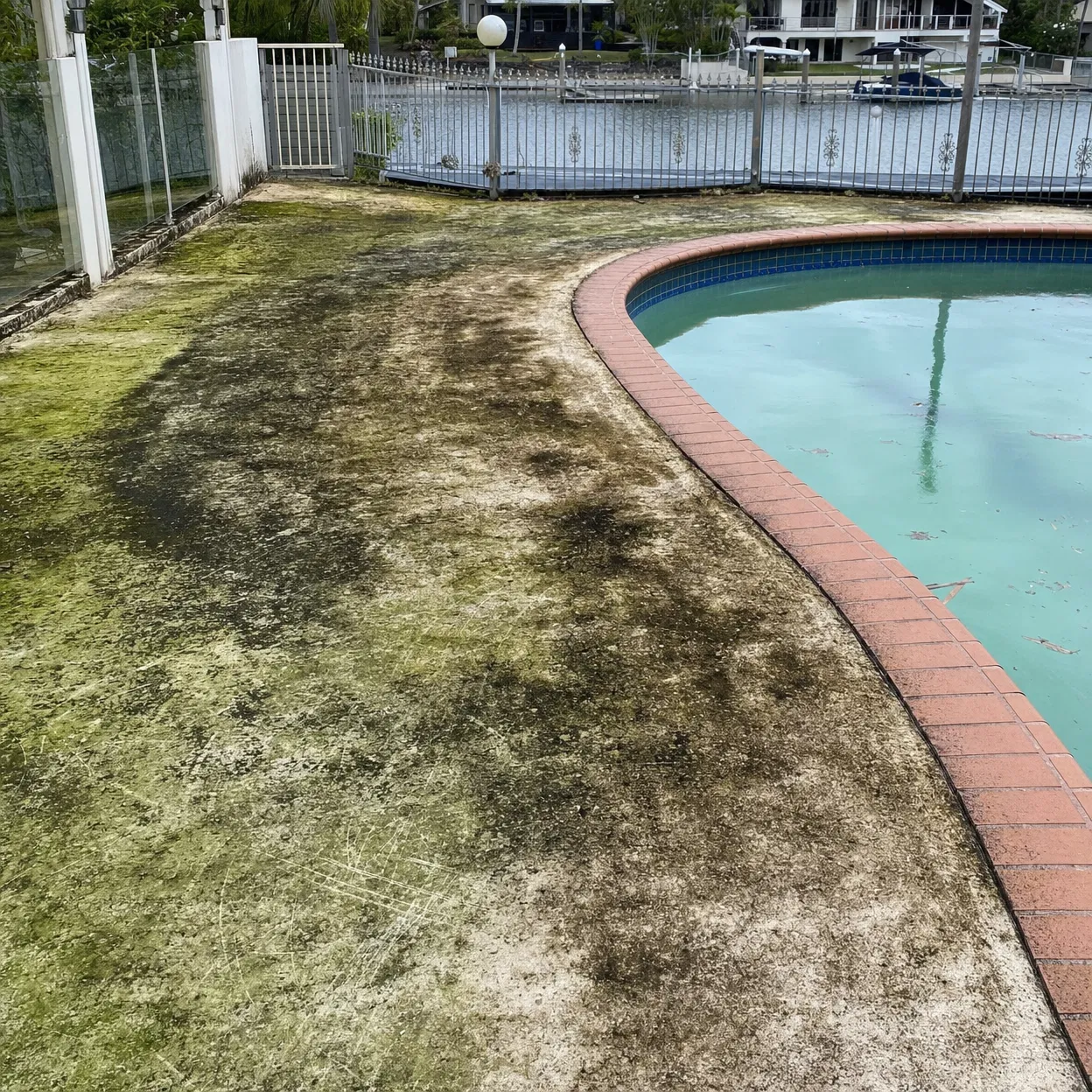 Pool deck with heavy algae stains