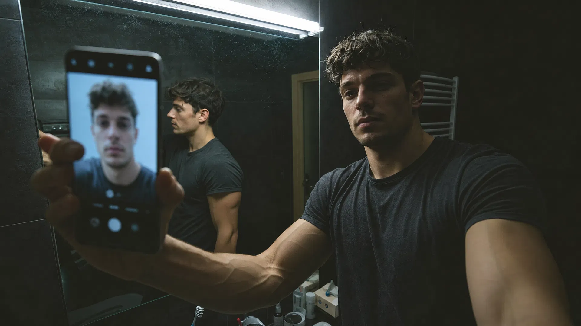 Bathroom mirror selfie comparison